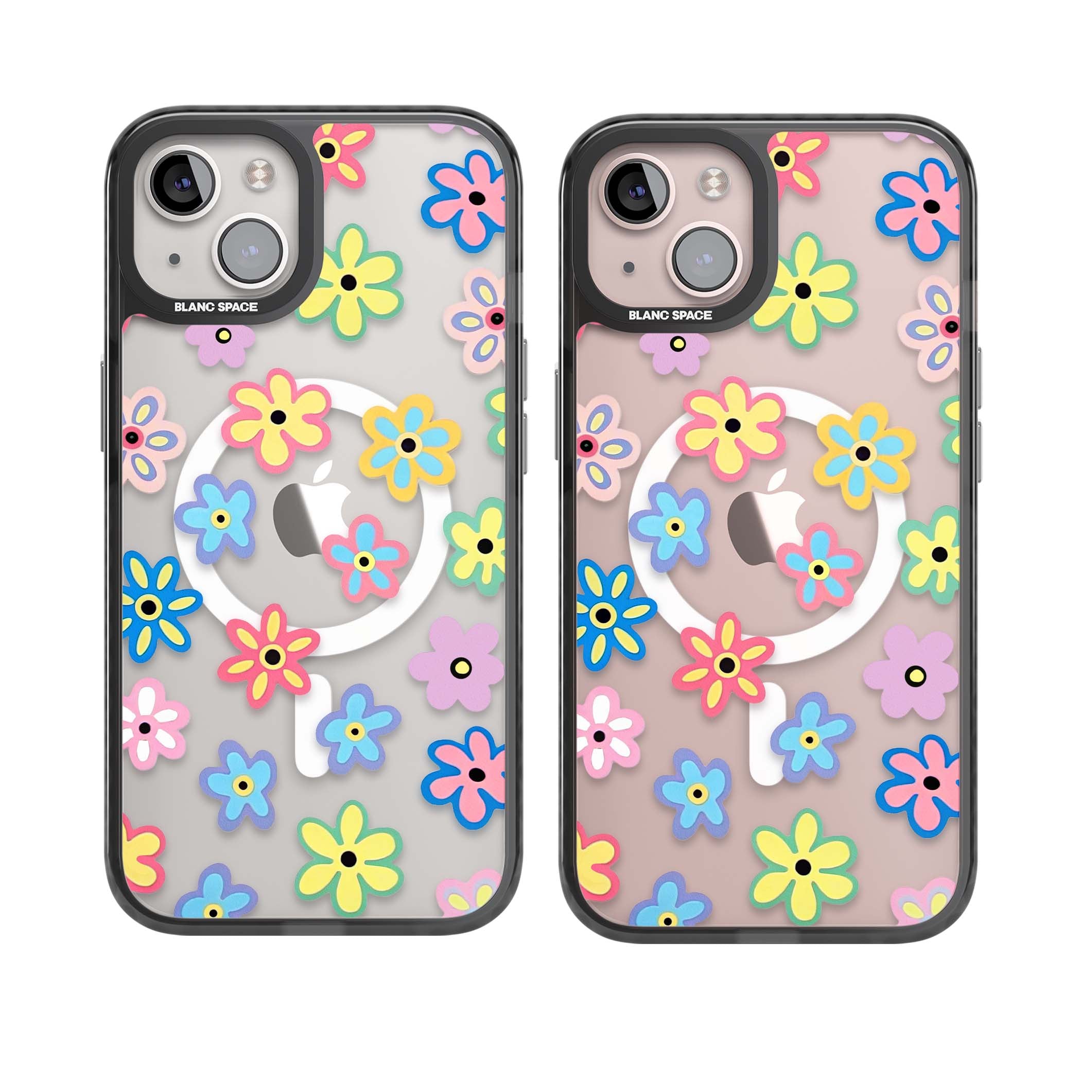 Bloom Pop cottagecore iPhone case featuring multicolor pastel flowers with black centers on clear background | Black Impact Magsafe case for iPhone 13, iPhone 14, iPhone 15