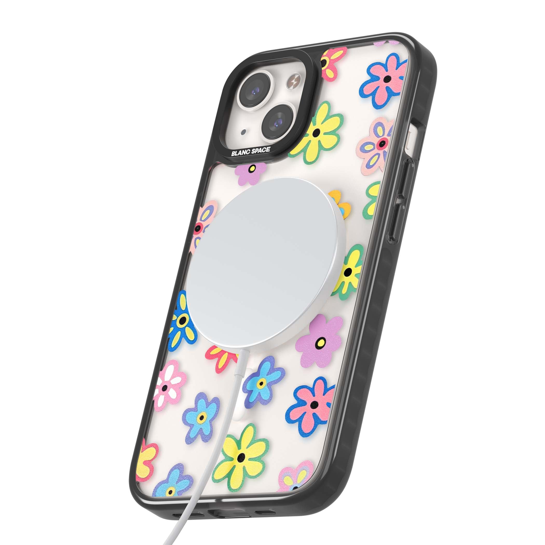 Bloom Pop cottagecore iPhone case featuring multicolor pastel flowers with black centers on clear background | Black Impact Magsafe case for iPhone 13, iPhone 14, iPhone 15