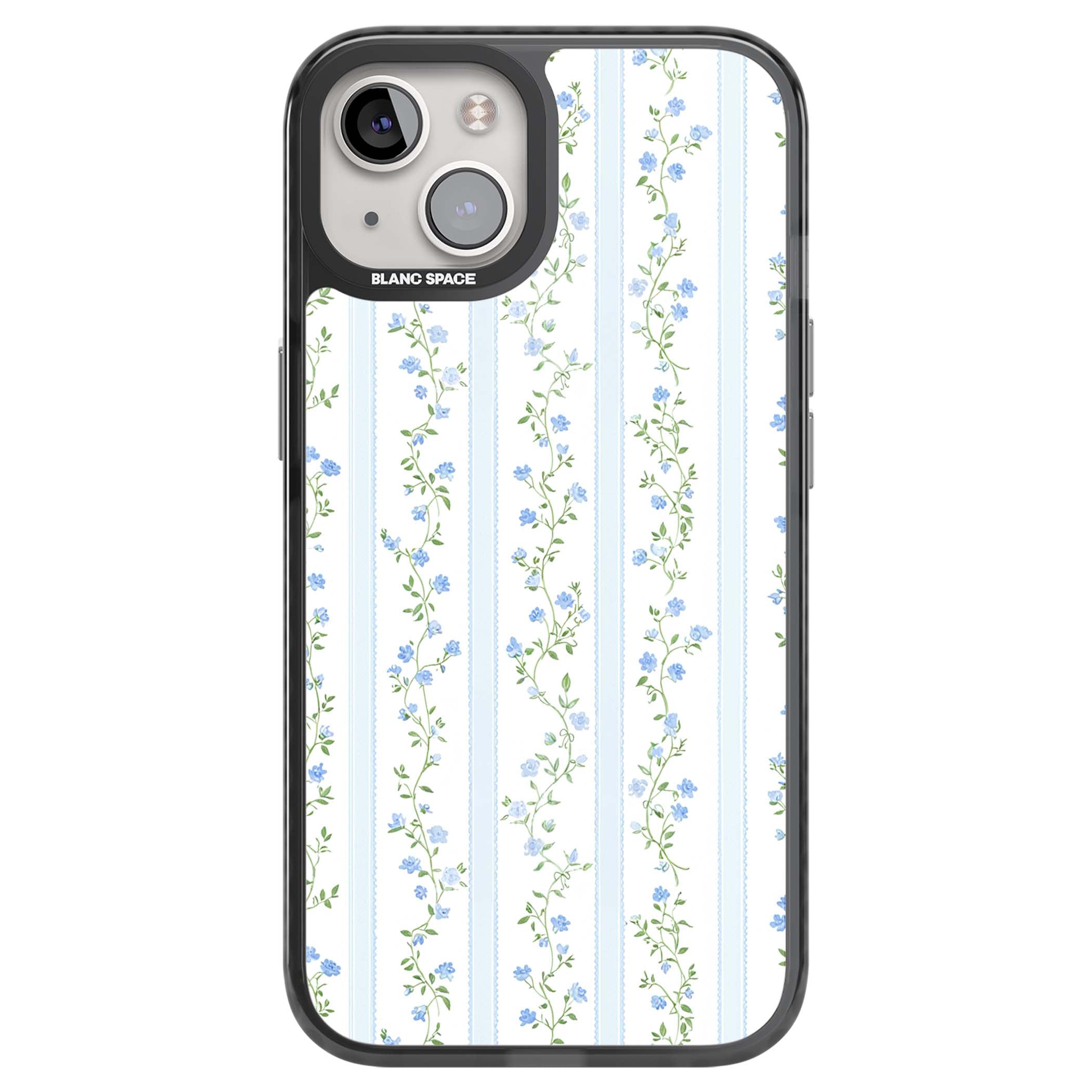 Bluebell Vine cottagecore iPhone case featuring climbing blue roses, trailing green vines, and pale ticking stripes | Black Impact Magsafe case for iPhone 13, iPhone 14, iPhone 15