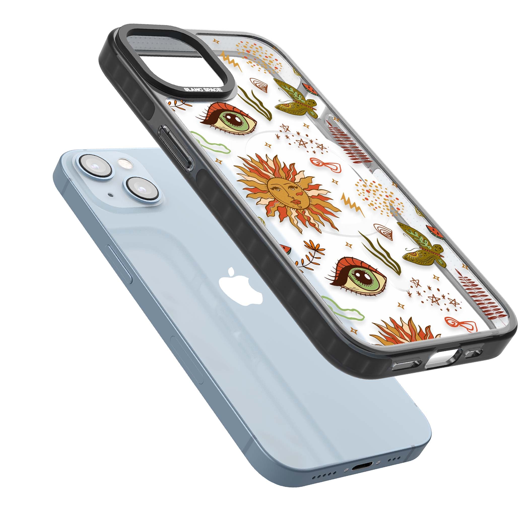 Elevate Your Phone'S Style With This Boho Celestial Sun & Eye Phone Case, Featuring A Mystical Blend Of Suns, All-Seeing Eyes, Butterflies, Stars, And