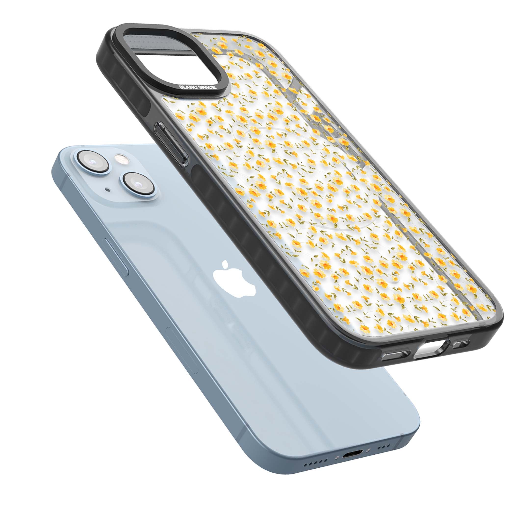 Buttercup wildflower iPhone case featuring tiny yellow flowers and trailing green vines on clear | Black Impact Magsafe case for iPhone 13, iPhone 14, iPhone 15