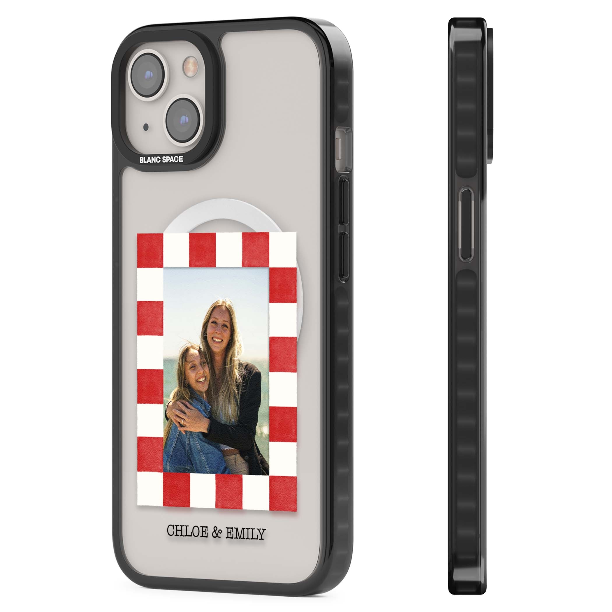 Red Check Photo personalised photo iPhone case with red and white checkered polaroid frame and custom couple name | Black Impact Magsafe case for iPhone 13, iPhone 14, iPhone 15