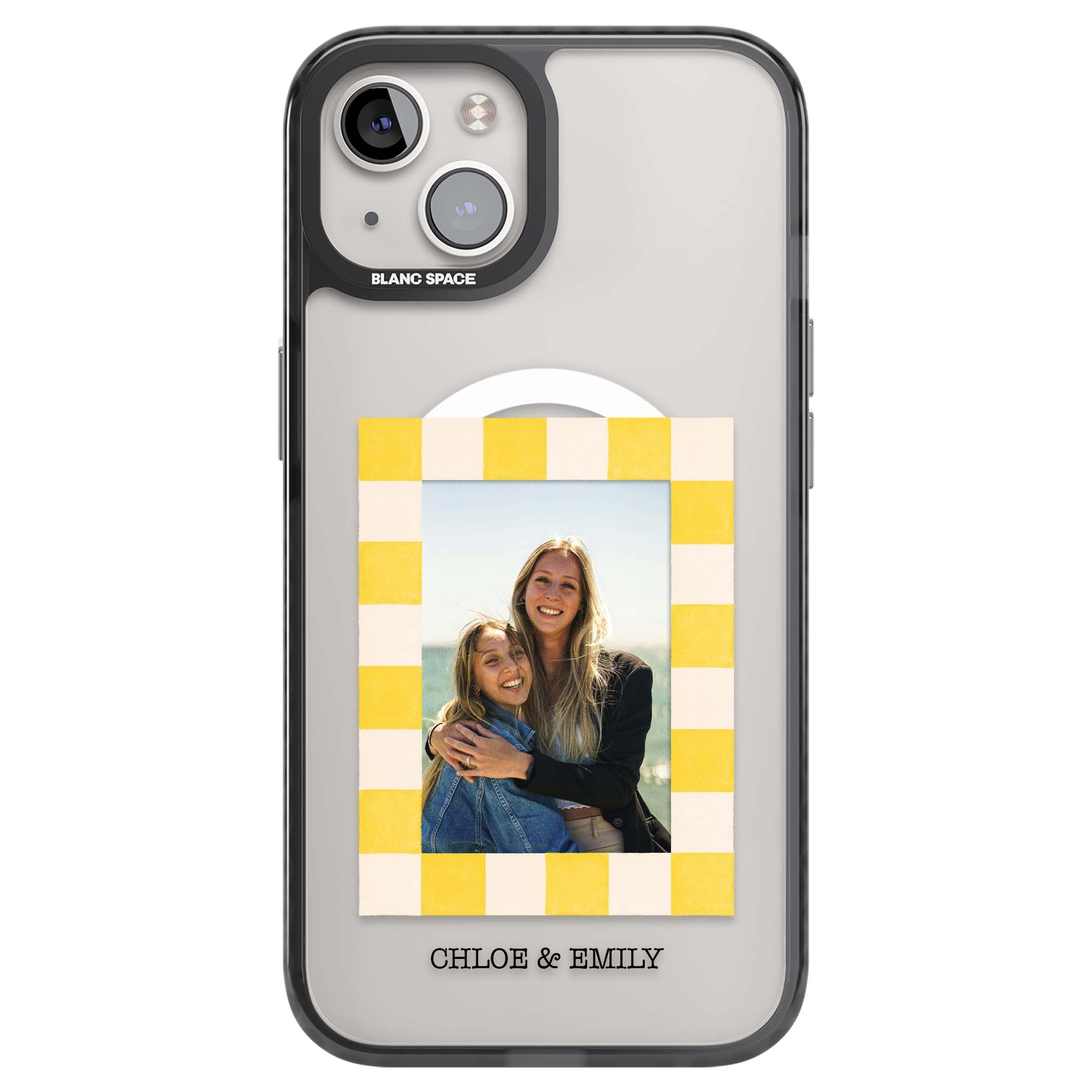 Yellow Check Photo personalised iPhone case with yellow checkered Polaroid frame and custom names beneath | Black Impact Magsafe case for iPhone 13, iPhone 14, iPhone 15