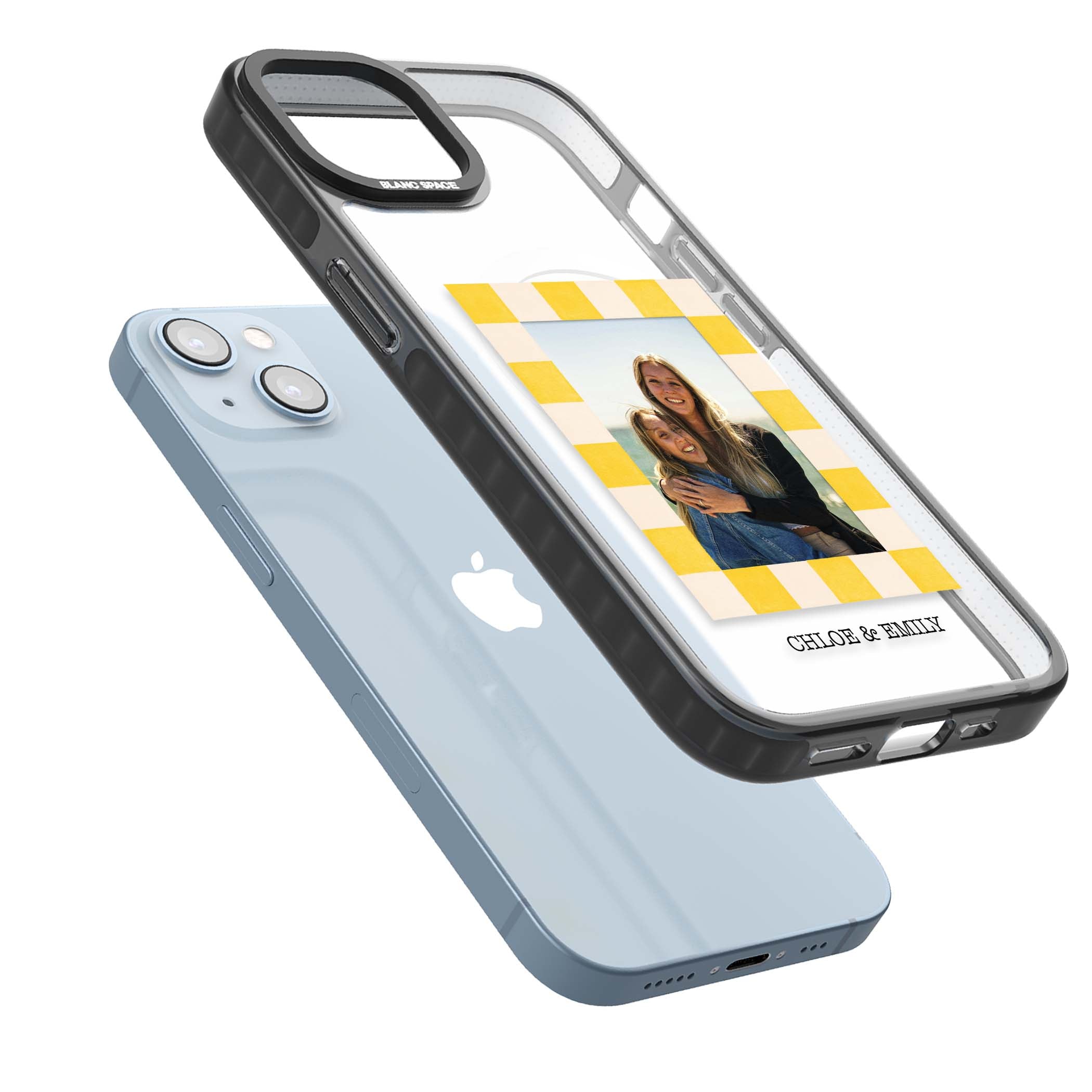 Yellow Check Photo personalised iPhone case with yellow checkered Polaroid frame and custom names beneath | Black Impact Magsafe case for iPhone 13, iPhone 14, iPhone 15