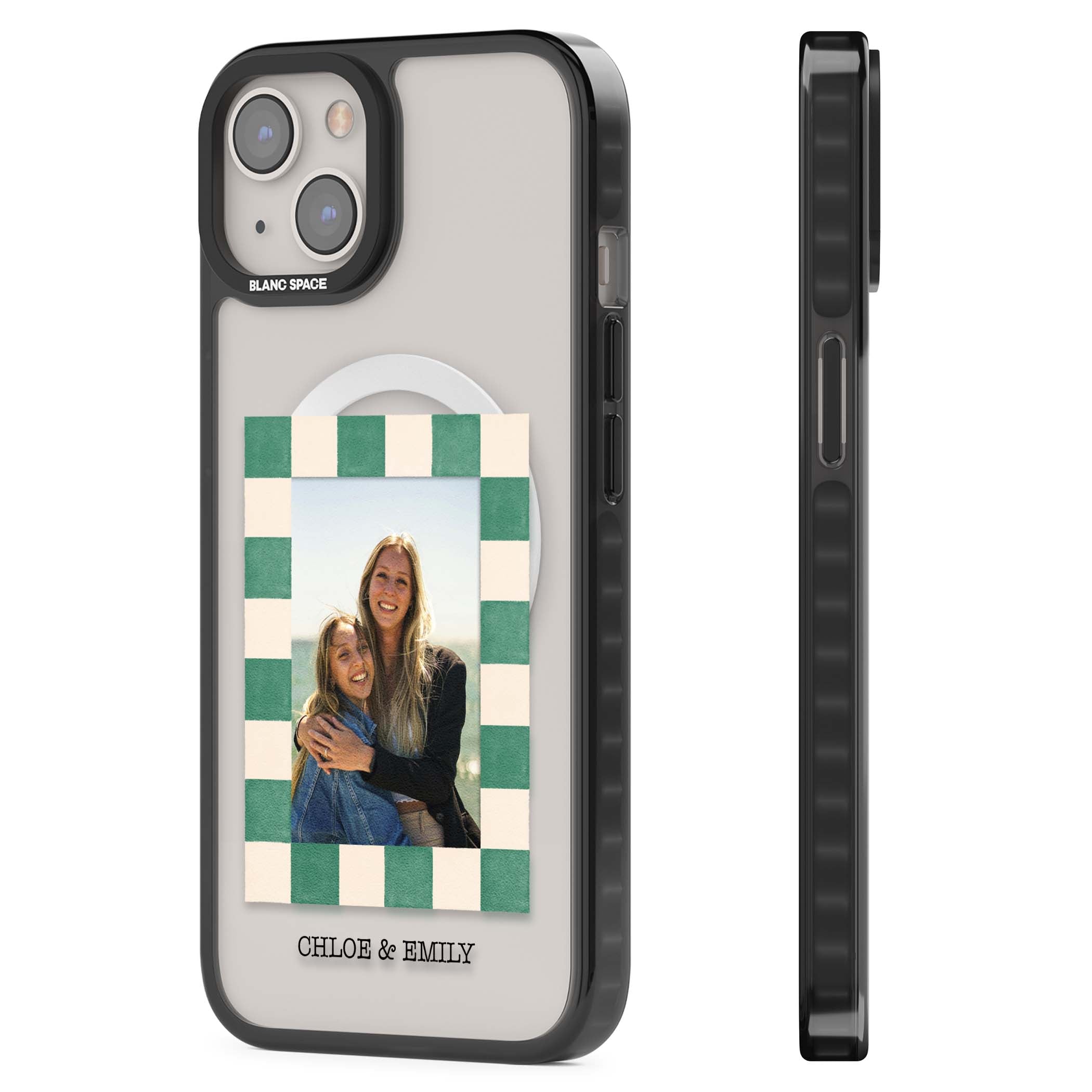 Seafoam Check Photo personalised iPhone case featuring a custom polaroid photo, green and cream checkered frame, and custom n | Black Impact Magsafe case for iPhone 13, iPhone 14, iPhone 15