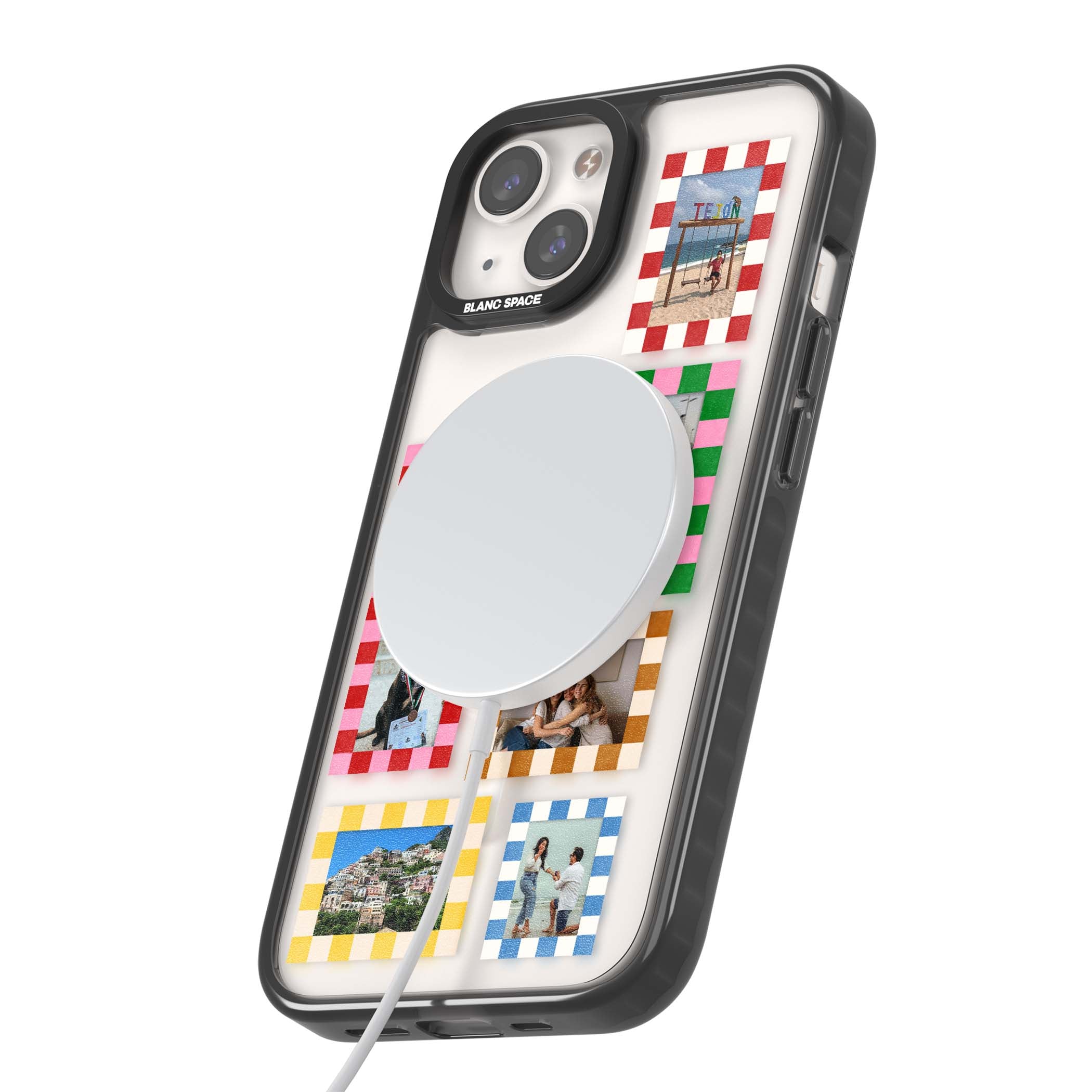 Italian Check Frames custom photo collage iPhone case featuring six checkered photo frames in red, green, pink and | Black Impact Magsafe case for iPhone 13, iPhone 14, iPhone 15