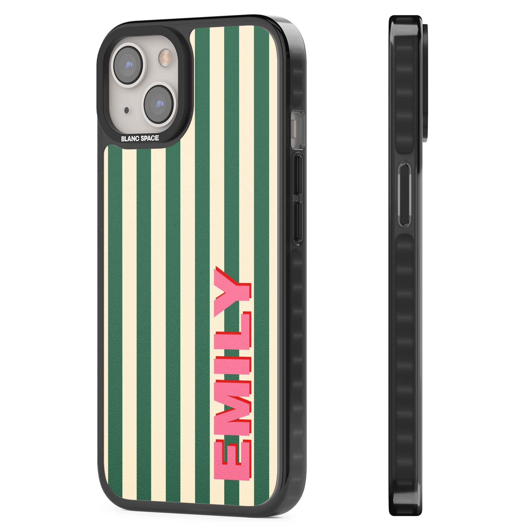 Wimbledon Stripe preppy iPhone case featuring green and cream vertical stripes with a personalised pink name | Black Impact Magsafe case for iPhone 13, iPhone 14, iPhone 15