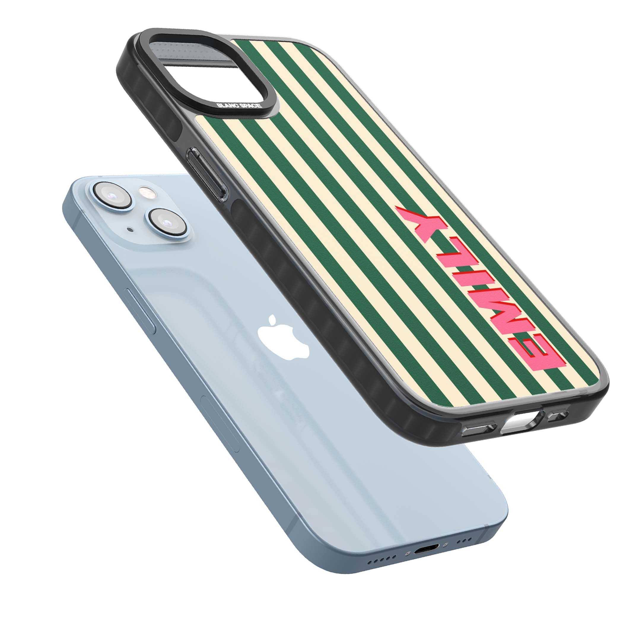Wimbledon Stripe preppy iPhone case featuring green and cream vertical stripes with a personalised pink name | Black Impact Magsafe case for iPhone 13, iPhone 14, iPhone 15