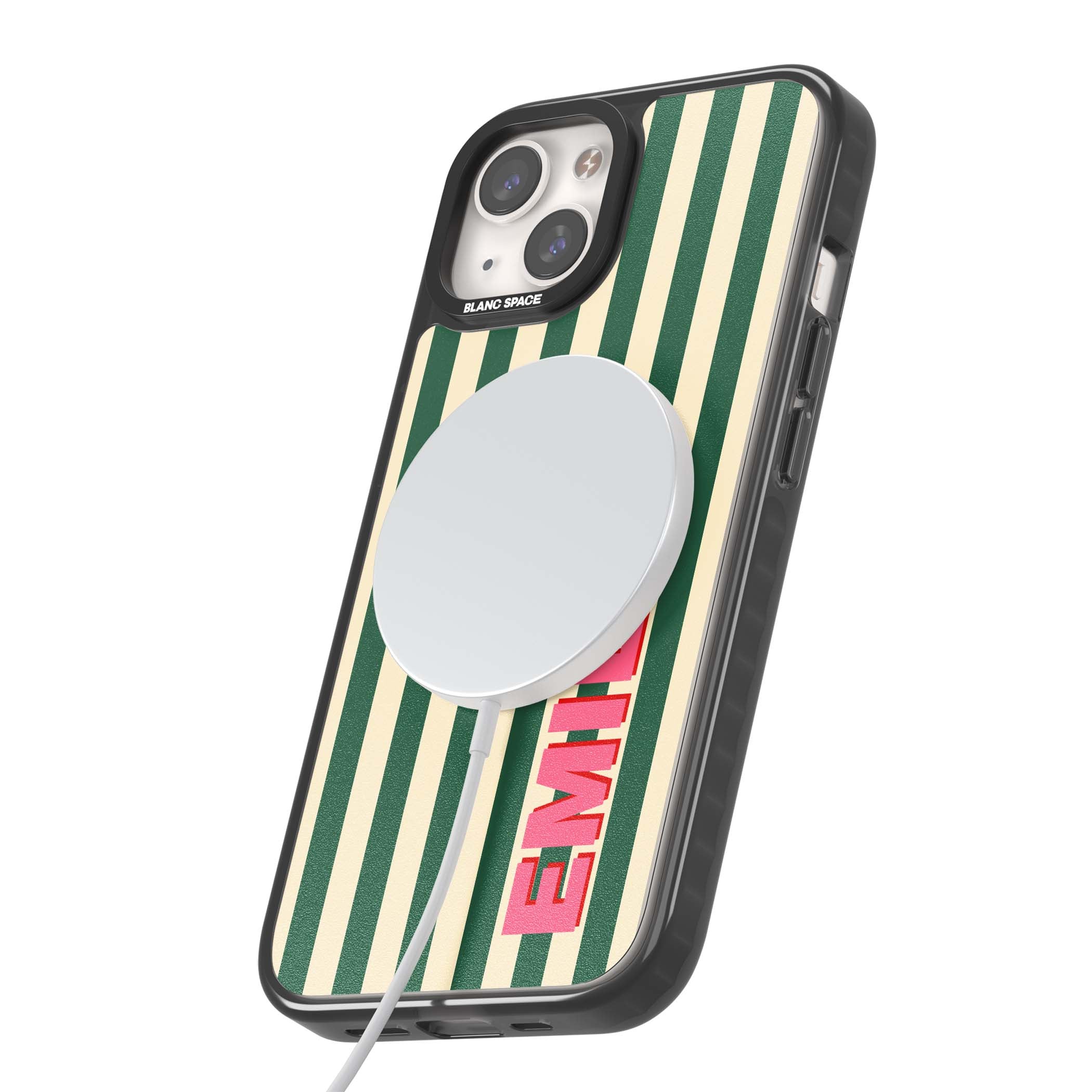 Wimbledon Stripe preppy iPhone case featuring green and cream vertical stripes with a personalised pink name | Black Impact Magsafe case for iPhone 13, iPhone 14, iPhone 15