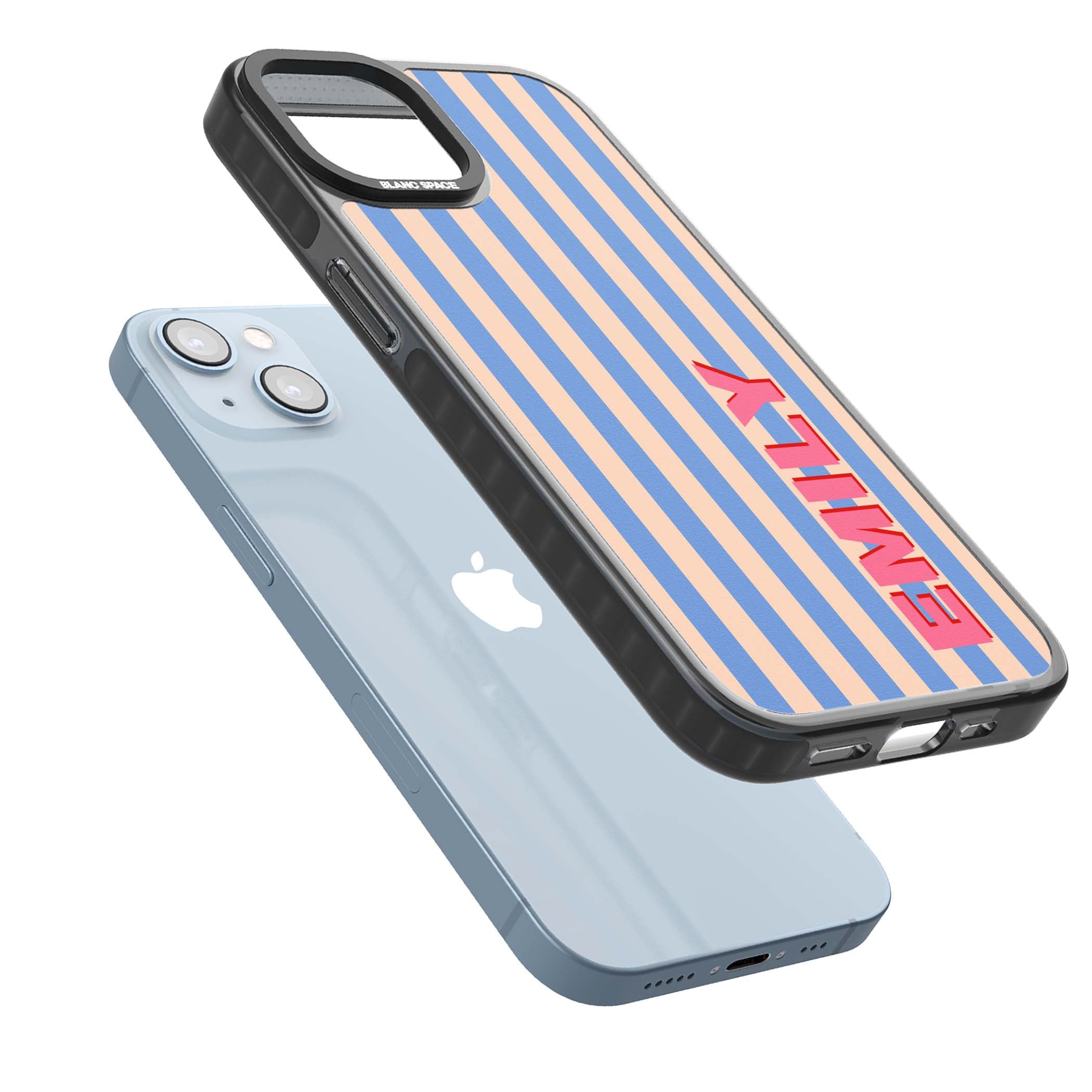 Coastal Stripe personalised coastal iPhone case with blue and peach vertical stripes and custom pink name | Black Impact Magsafe case for iPhone 13, iPhone 14, iPhone 15