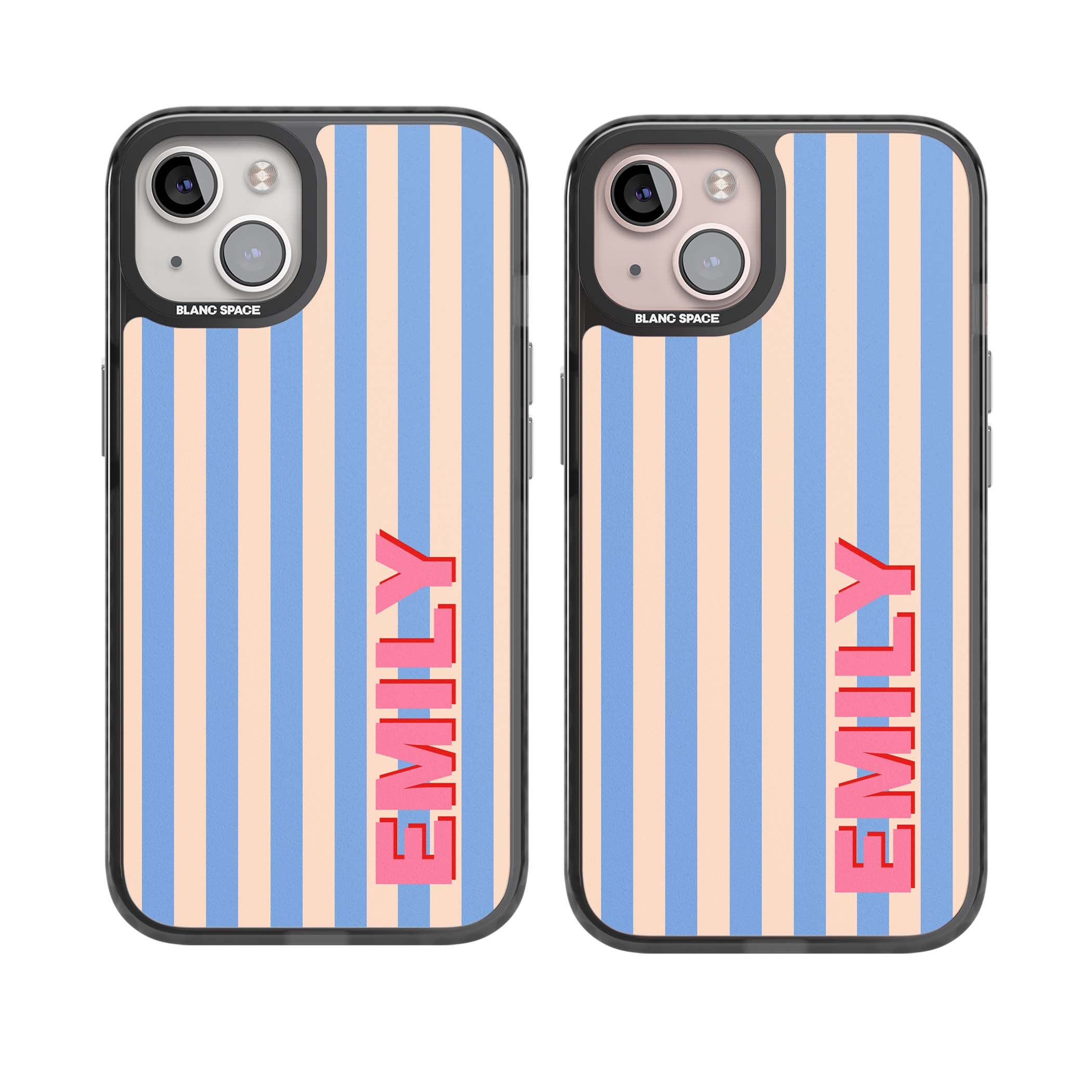 Coastal Stripe personalised coastal iPhone case with blue and peach vertical stripes and custom pink name | Black Impact Magsafe case for iPhone 13, iPhone 14, iPhone 15