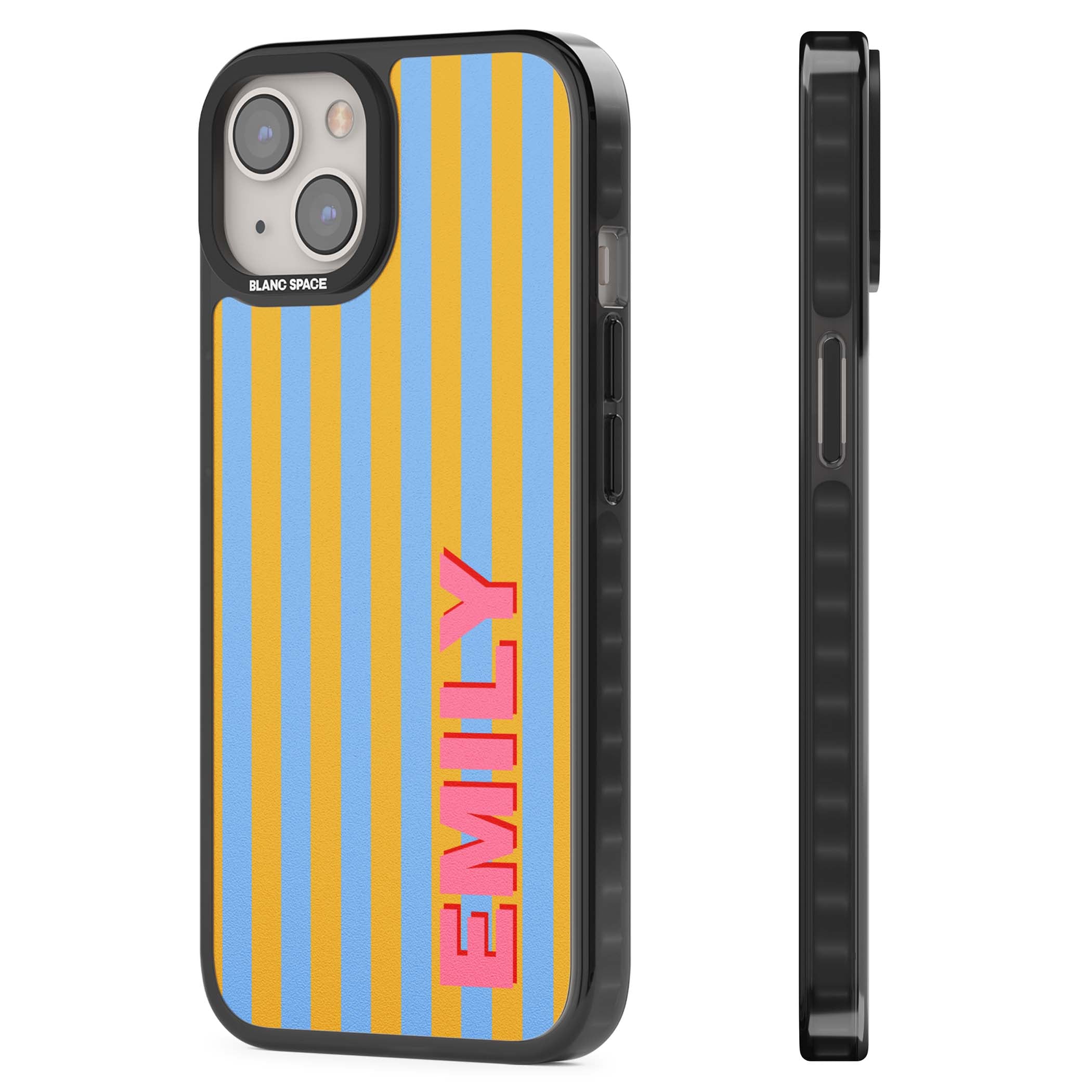 Carribean Stripe personalised coastal iPhone case with yellow and blue vertical stripes and a custom pink name | Black Impact Magsafe case for iPhone 13, iPhone 14, iPhone 15