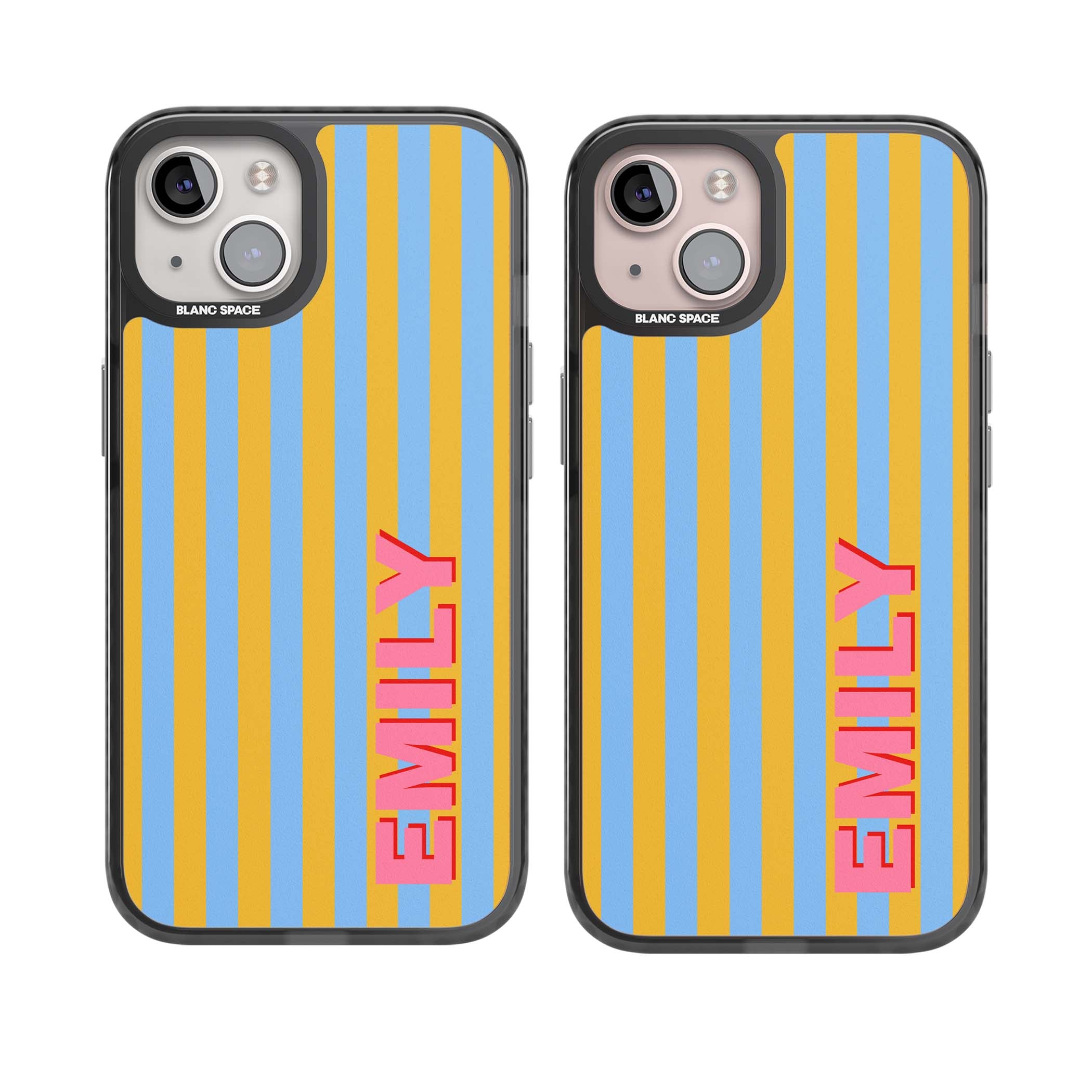 Carribean Stripe personalised coastal iPhone case with yellow and blue vertical stripes and a custom pink name | Black Impact Magsafe case for iPhone 13, iPhone 14, iPhone 15