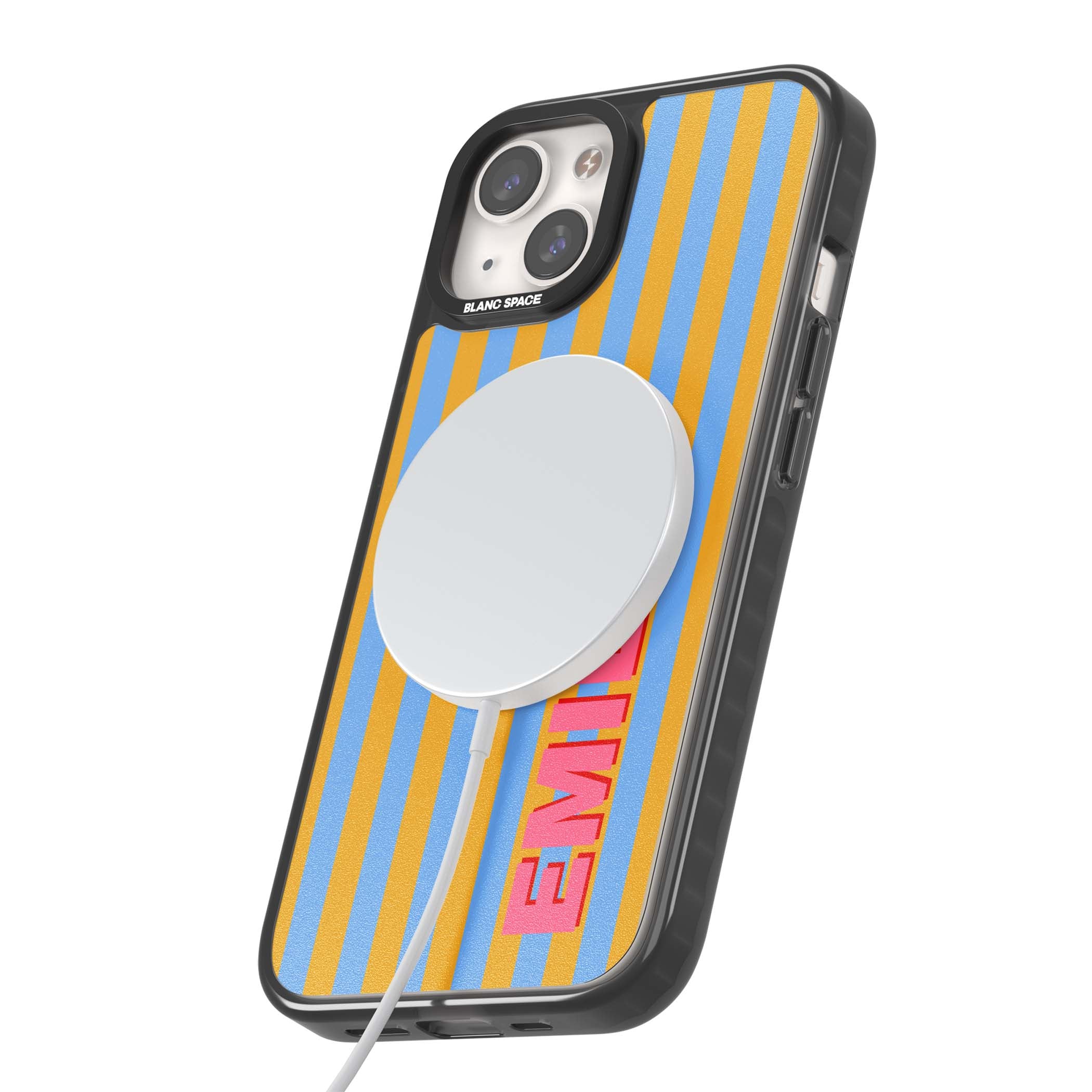 Carribean Stripe personalised coastal iPhone case with yellow and blue vertical stripes and a custom pink name | Black Impact Magsafe case for iPhone 13, iPhone 14, iPhone 15