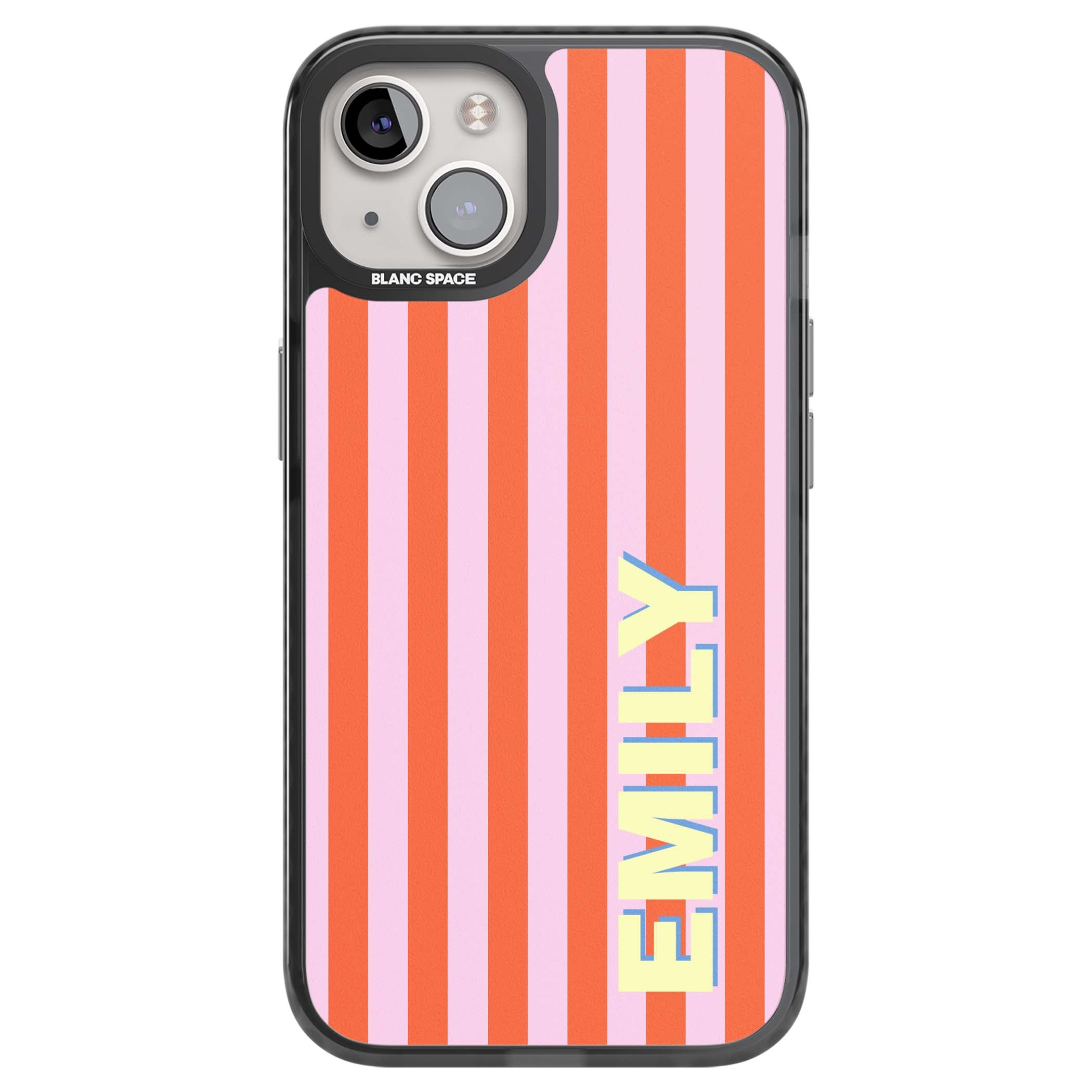Havana Stripe personalised iPhone case featuring pink and orange vertical stripes with a custom yellow name | Black Impact Magsafe case for iPhone 13, iPhone 14, iPhone 15