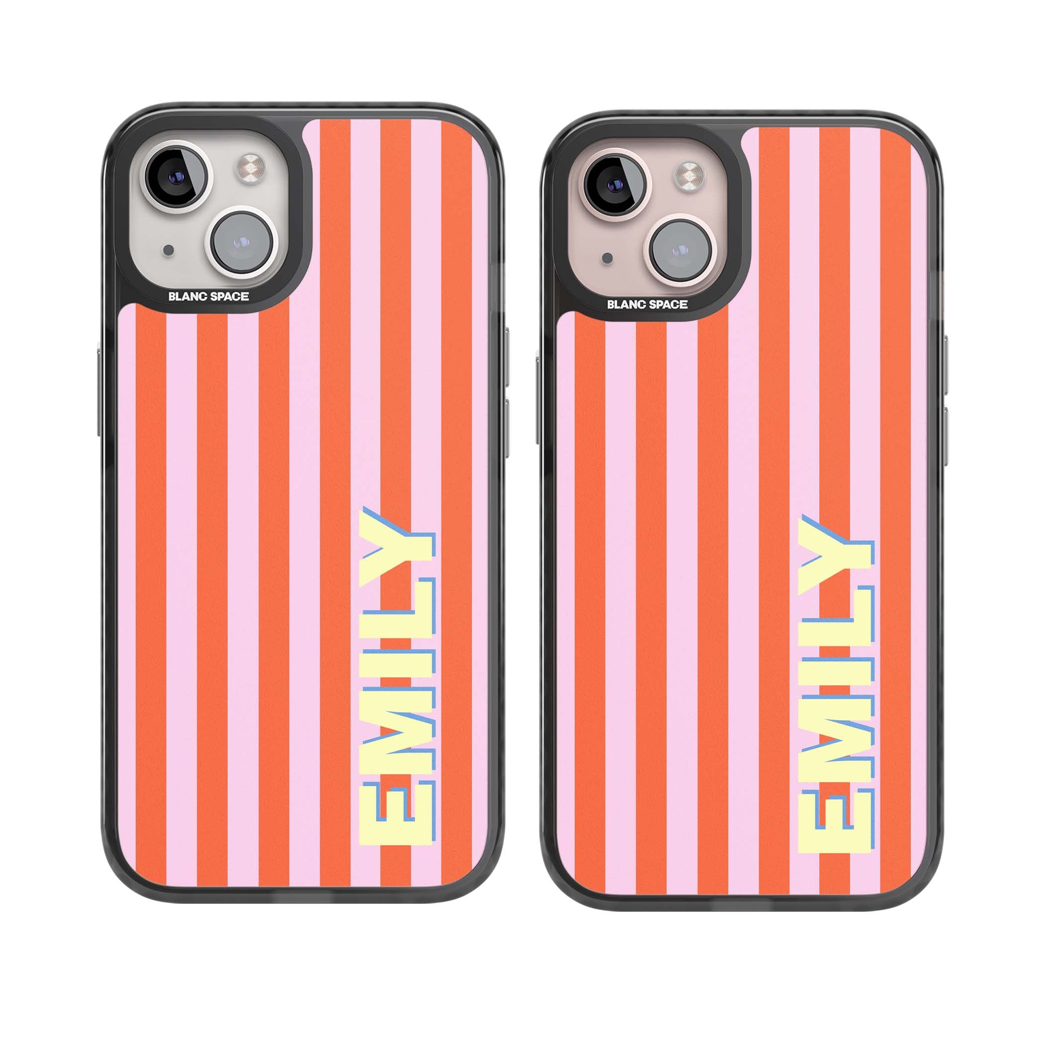 Havana Stripe personalised iPhone case featuring pink and orange vertical stripes with a custom yellow name | Black Impact Magsafe case for iPhone 13, iPhone 14, iPhone 15