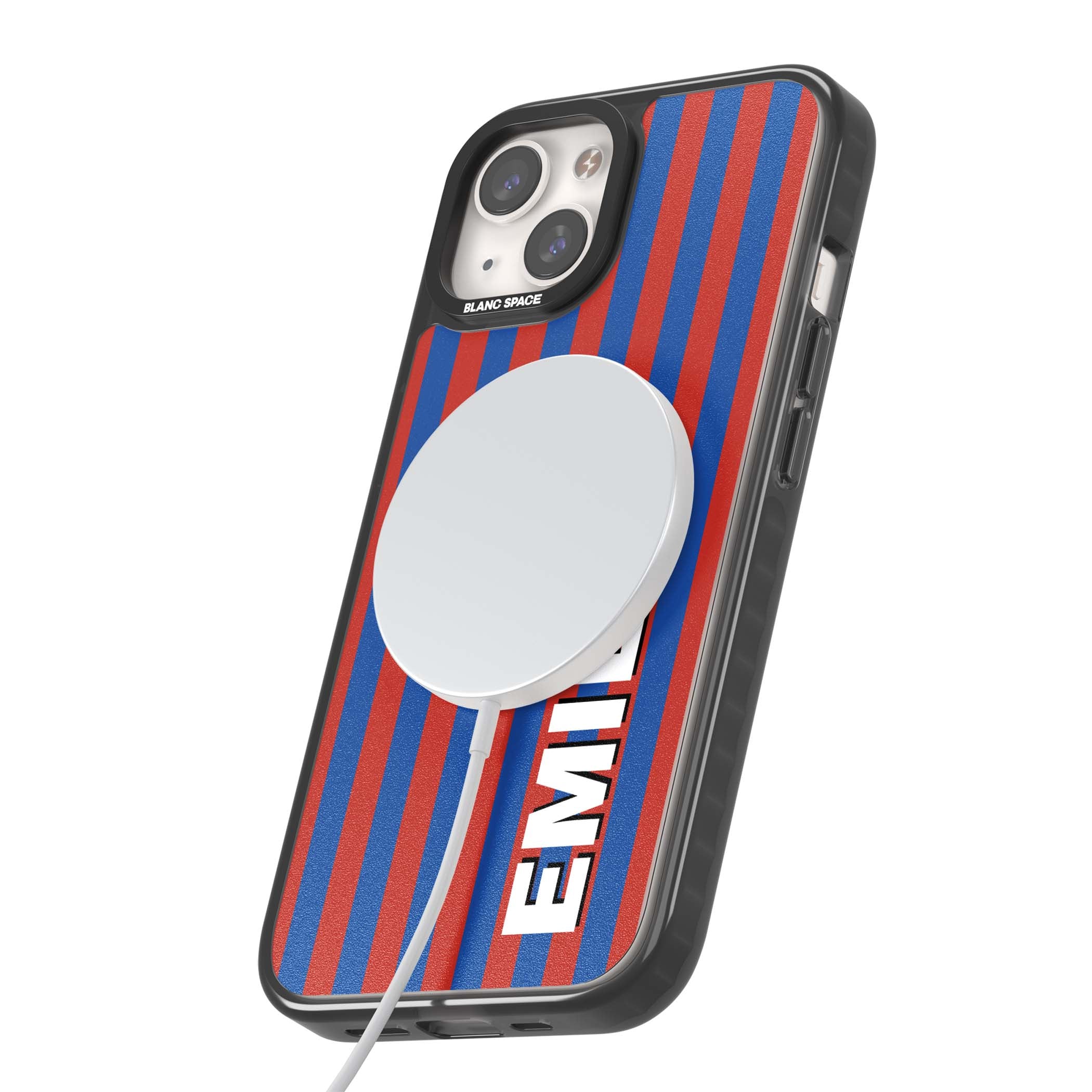 Cuban Stripe personalised iPhone case featuring red and blue vertical stripes with custom name in bold white letters | Black Impact Magsafe case for iPhone 13, iPhone 14, iPhone 15