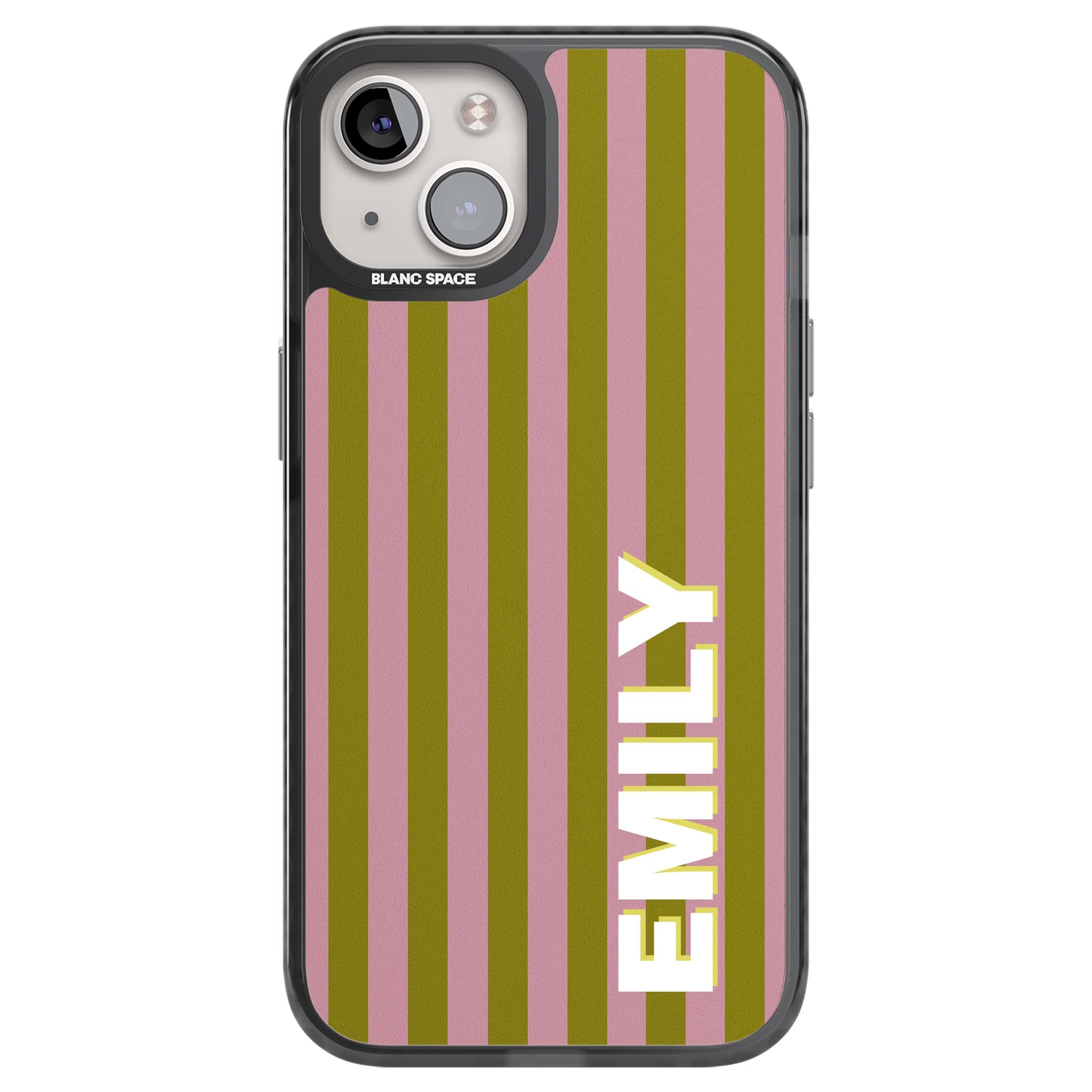 Istanbul Stripe personalised iPhone case featuring pink and olive green vertical stripes with a custom vertical name | Black Impact Magsafe case for iPhone 13, iPhone 14, iPhone 15