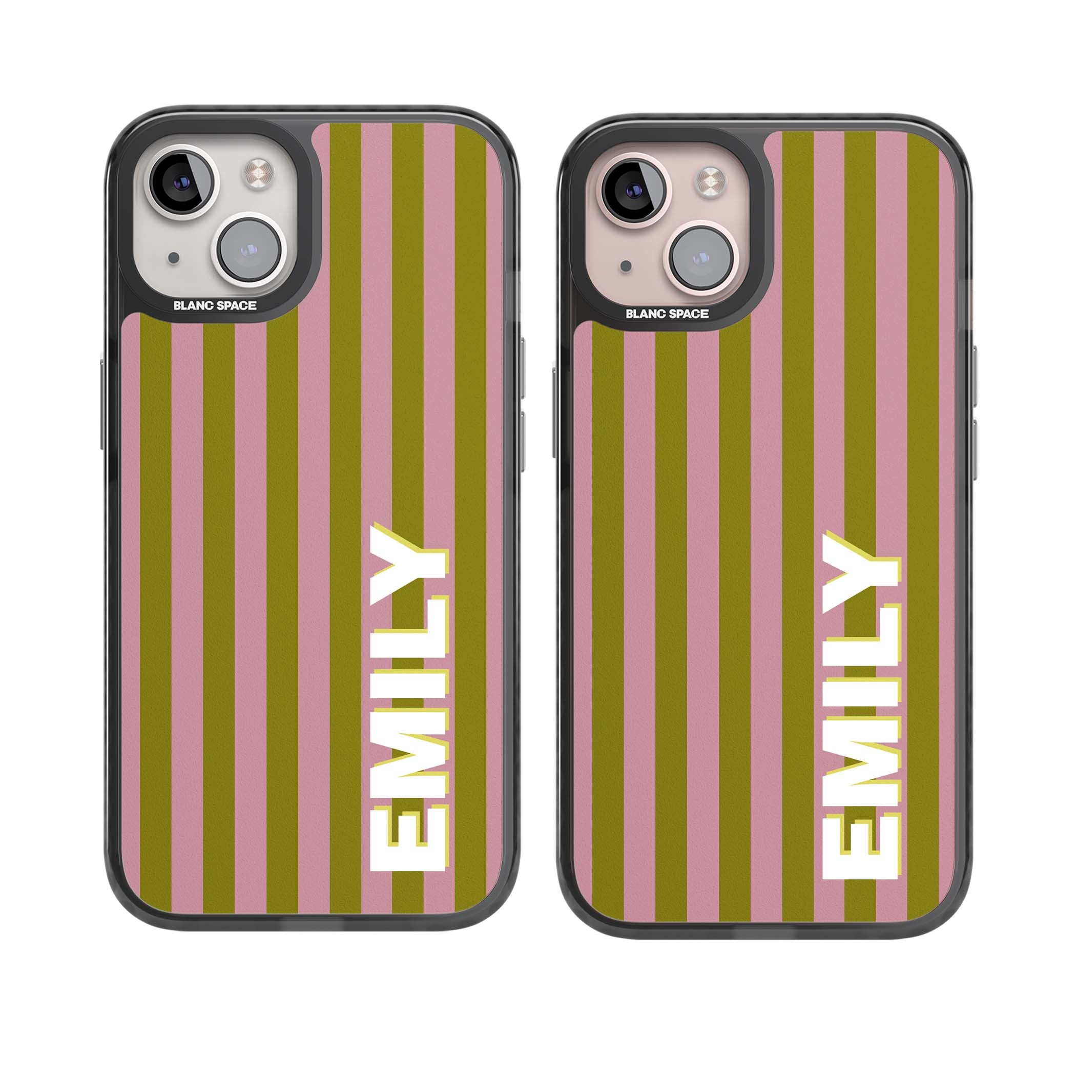 Istanbul Stripe personalised iPhone case featuring pink and olive green vertical stripes with a custom vertical name | Black Impact Magsafe case for iPhone 13, iPhone 14, iPhone 15