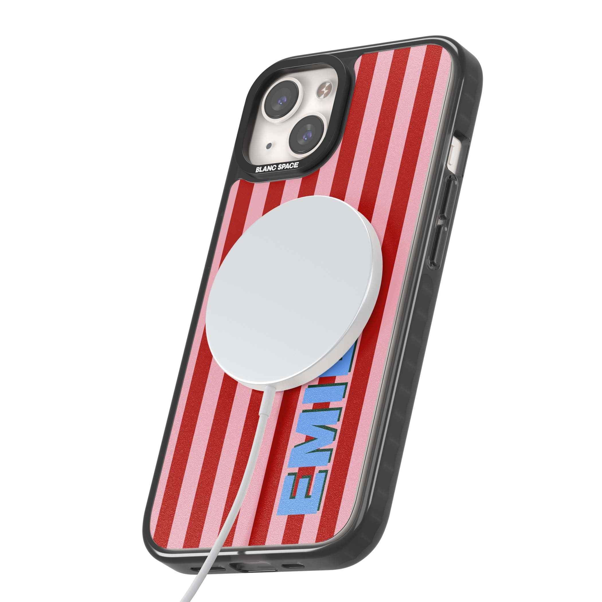 Market Stripe personalised iPhone case with red and pink vertical stripes and custom blue name | Black Impact Magsafe case for iPhone 13, iPhone 14, iPhone 15