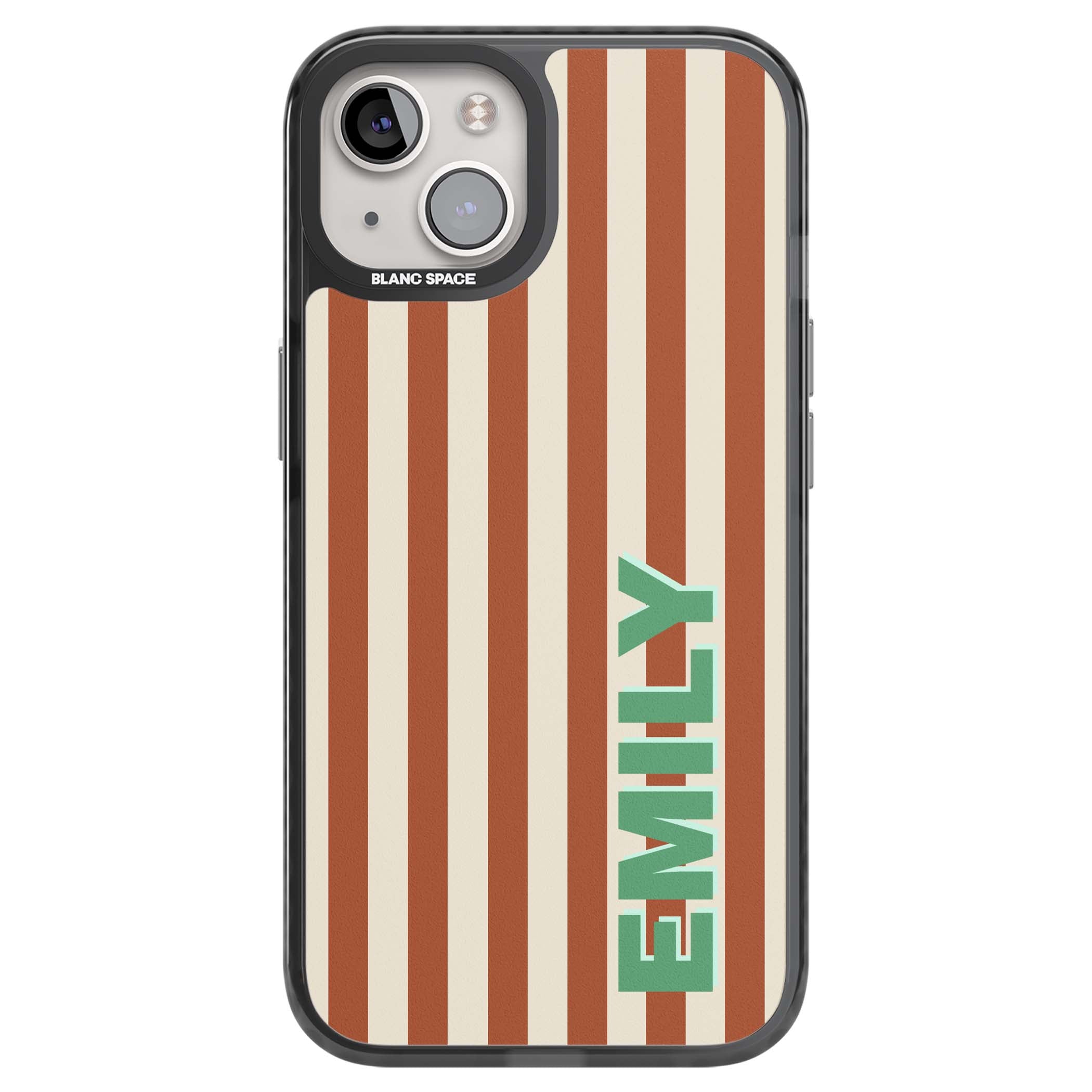 Dune Stripe personalised iPhone case with rust and cream vertical stripes and custom name in mint green | Black Impact Magsafe case for iPhone 13, iPhone 14, iPhone 15