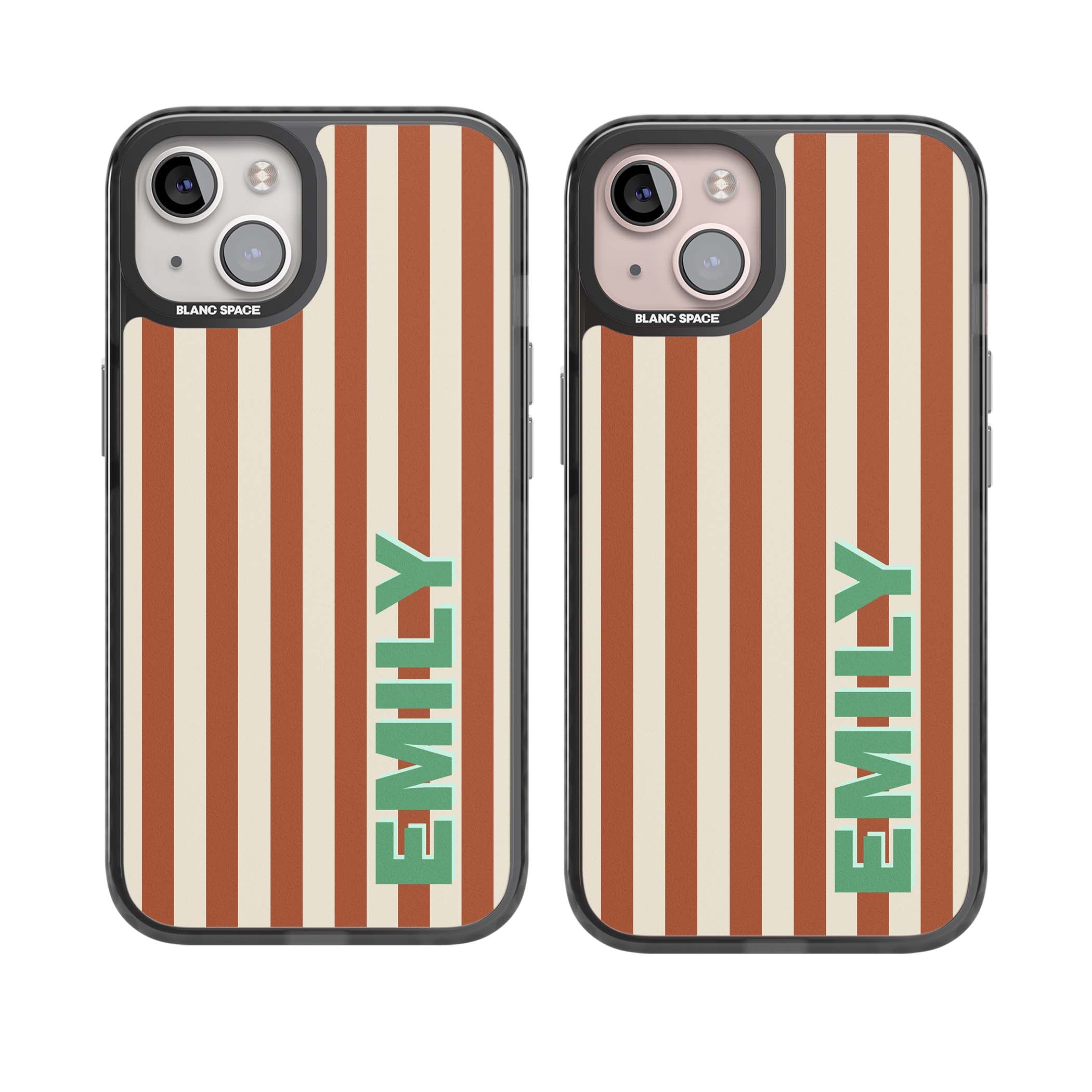 Dune Stripe personalised iPhone case with rust and cream vertical stripes and custom name in mint green | Black Impact Magsafe case for iPhone 13, iPhone 14, iPhone 15