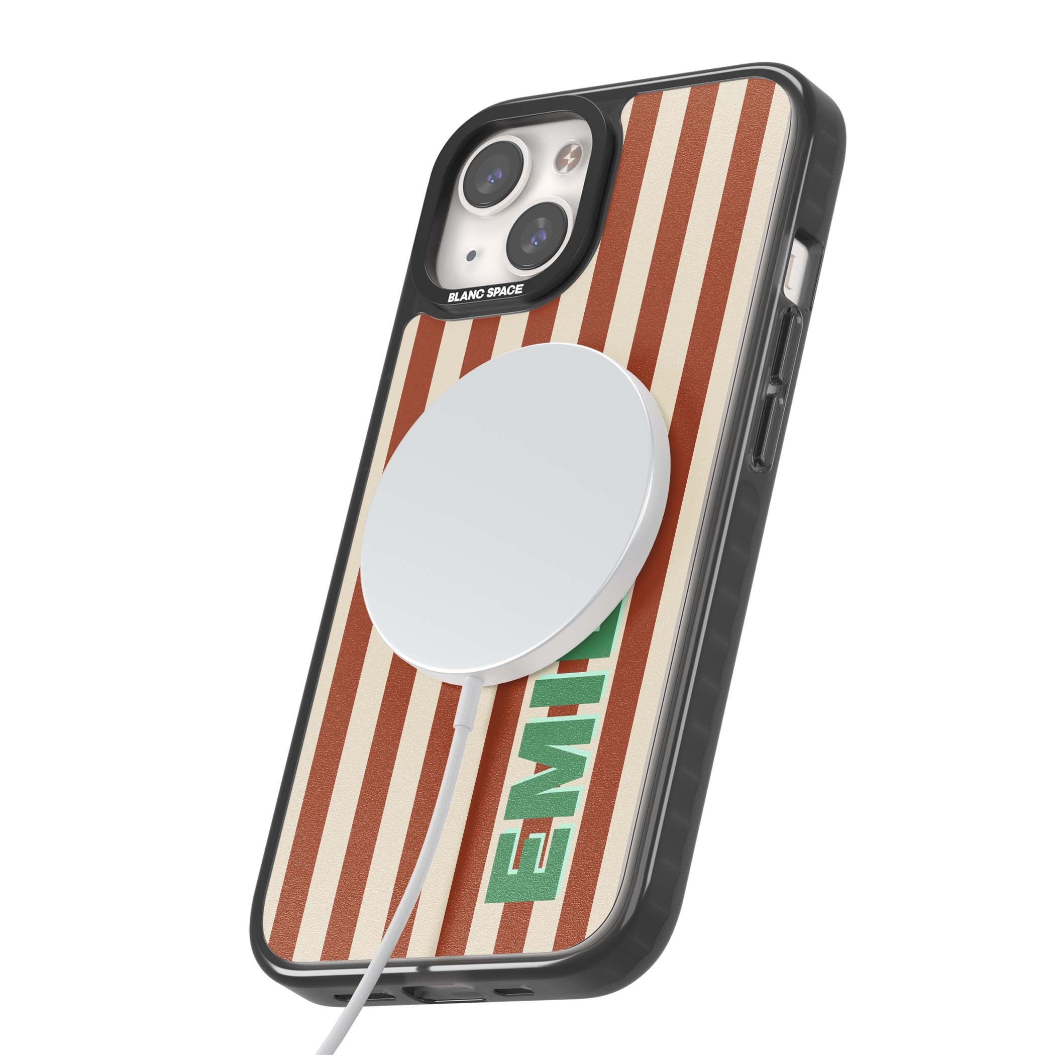 Dune Stripe personalised iPhone case with rust and cream vertical stripes and custom name in mint green | Black Impact Magsafe case for iPhone 13, iPhone 14, iPhone 15