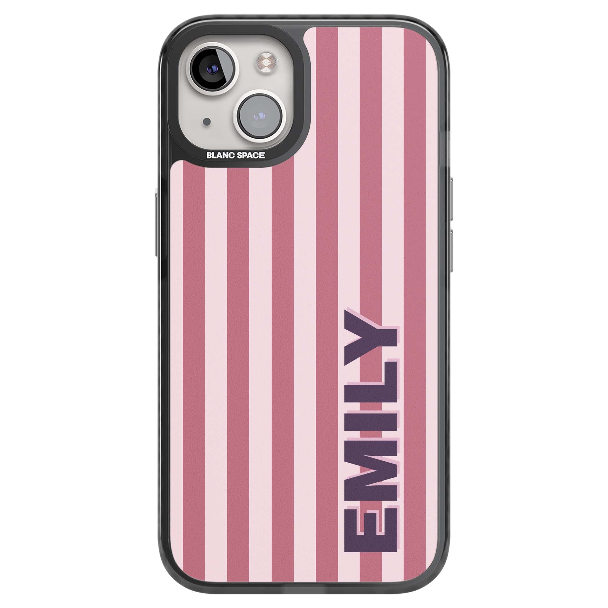 Victoria Stripe personalised iPhone case featuring pink vertical stripes and custom name in bold plum lettering | Black Impact Magsafe case for iPhone 13, iPhone 14, iPhone 15