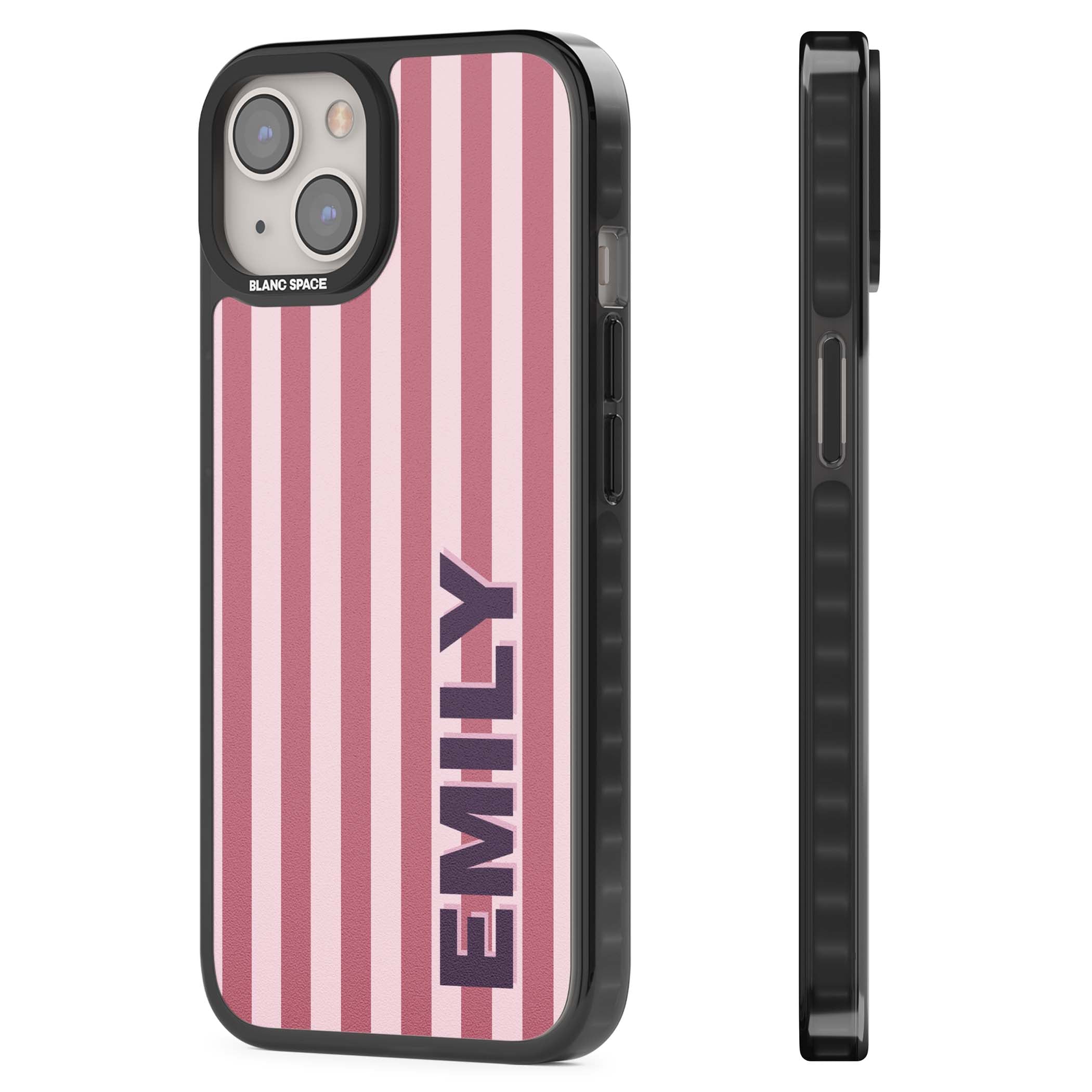 Victoria Stripe personalised iPhone case featuring pink vertical stripes and custom name in bold plum lettering | Black Impact Magsafe case for iPhone 13, iPhone 14, iPhone 15