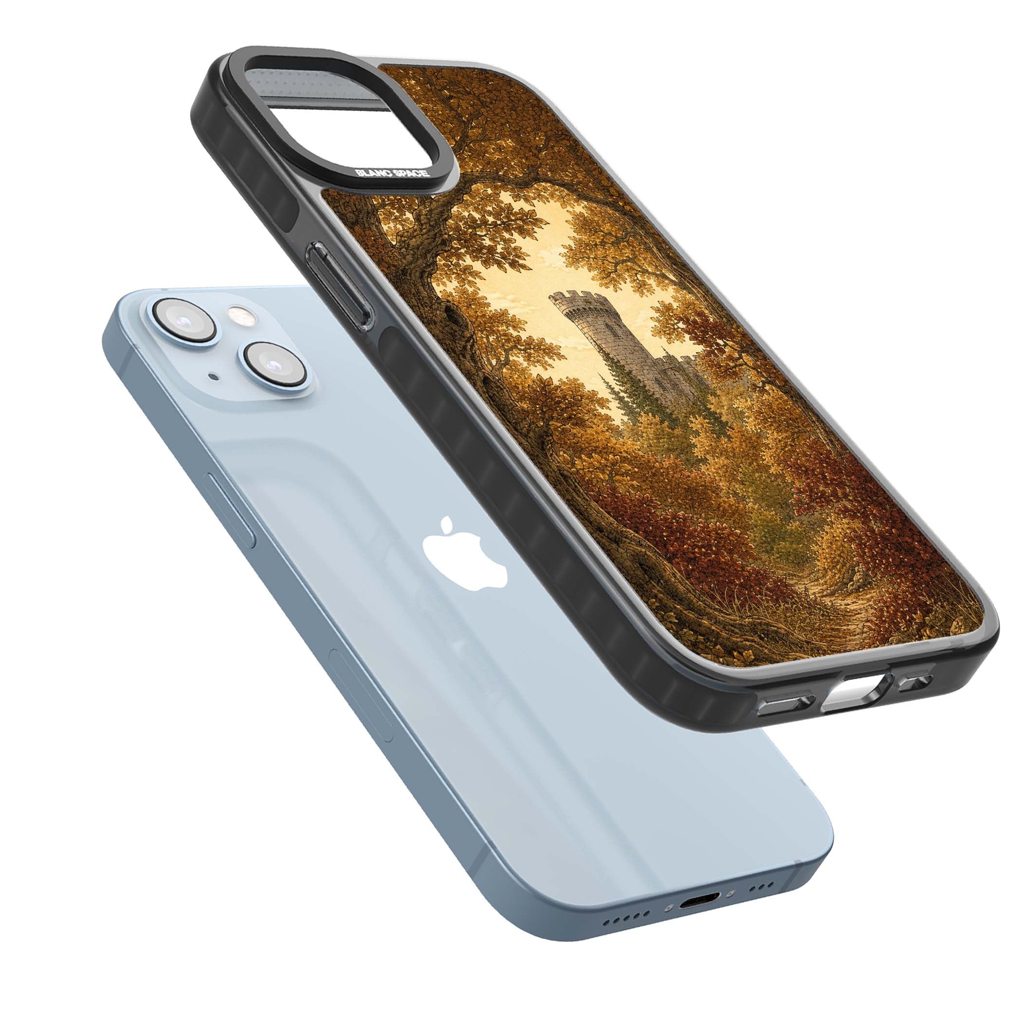 Autumn Keep cottagecore iPhone case featuring a medieval castle tower framed by golden autumn trees and woodland foliage | Black Impact Magsafe case for iPhone 13, iPhone 14, iPhone 15