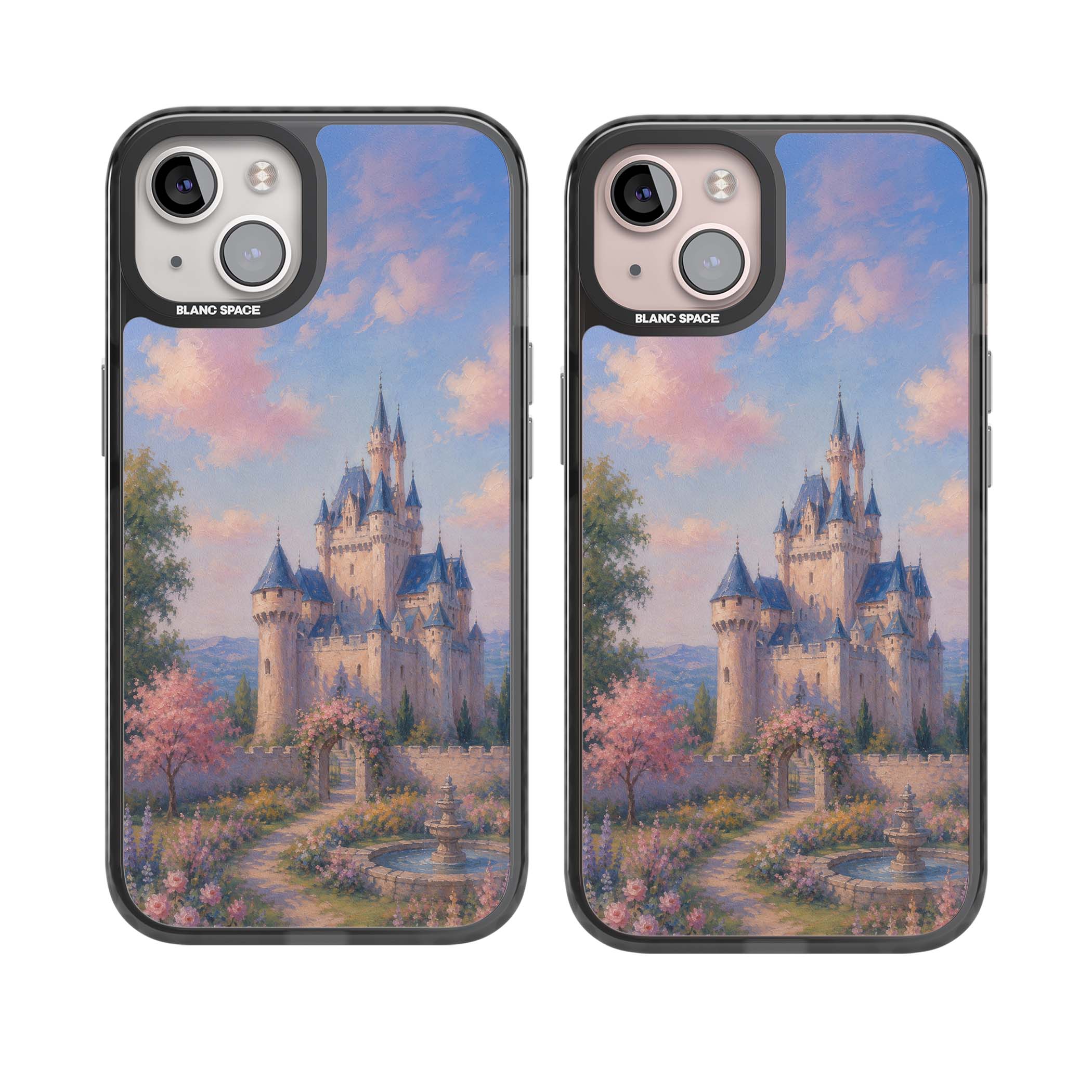 Enchanted Kingdom fairytale iPhone case featuring a romantic castle painting with cherry blossoms and pastel pink sky | Black Impact Magsafe case for iPhone 13, iPhone 14, iPhone 15