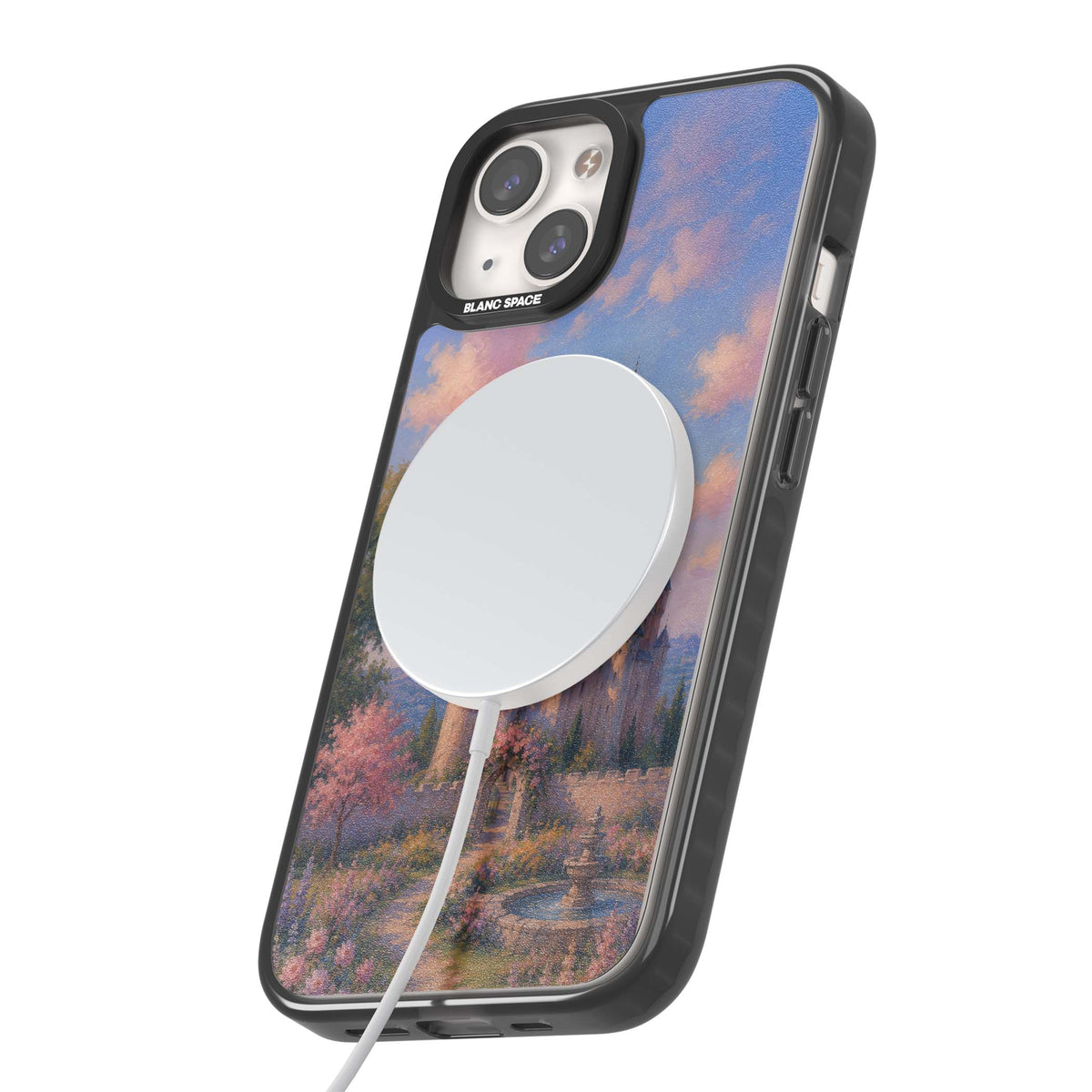 Enchanted Kingdom fairytale iPhone case featuring a romantic castle painting with cherry blossoms and pastel pink sky | Black Impact Magsafe case for iPhone 13, iPhone 14, iPhone 15