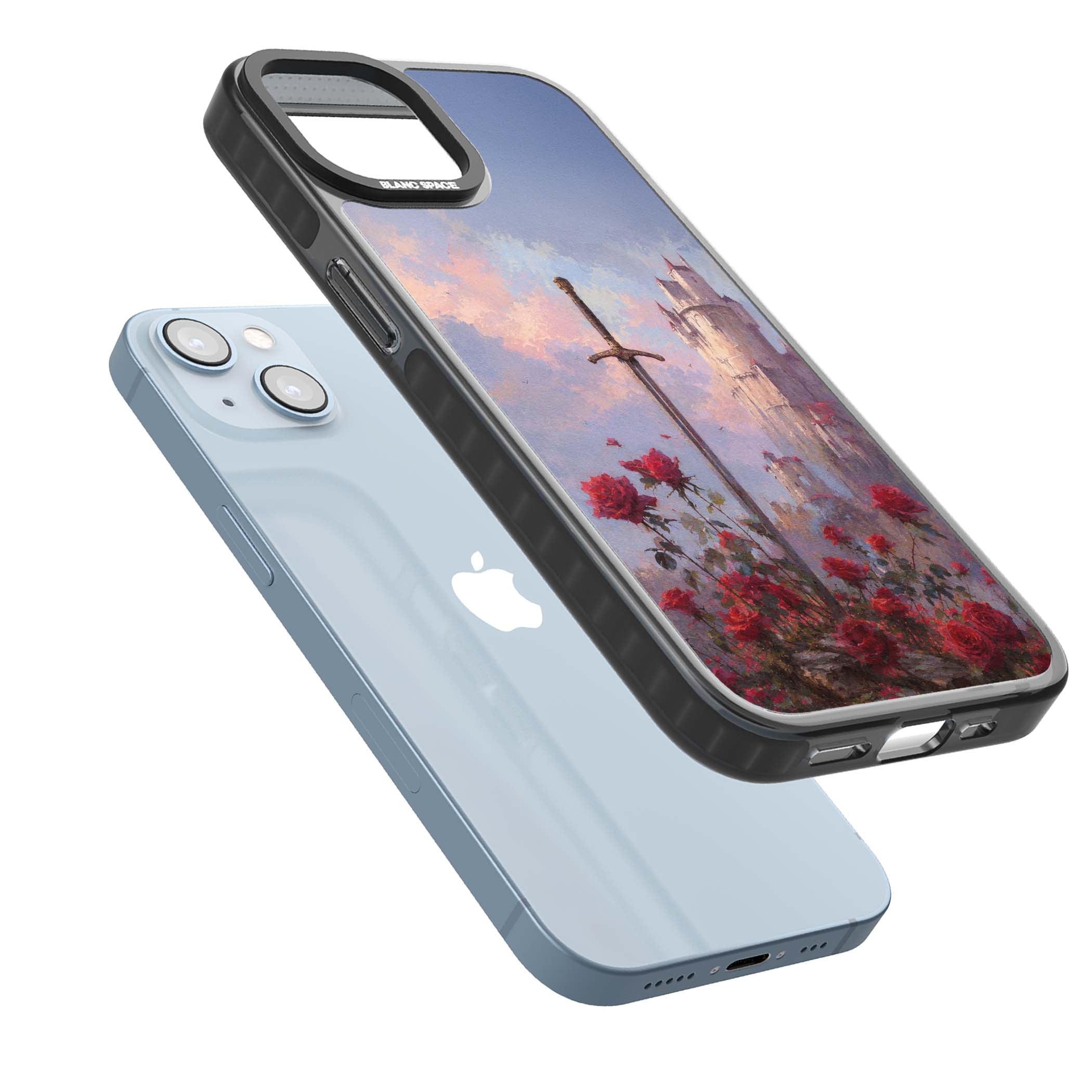 Sword in Roses medieval art iPhone case featuring a sword, red roses, and a misty fairytale castle at sunset | Black Impact Magsafe case for iPhone 13, iPhone 14, iPhone 15