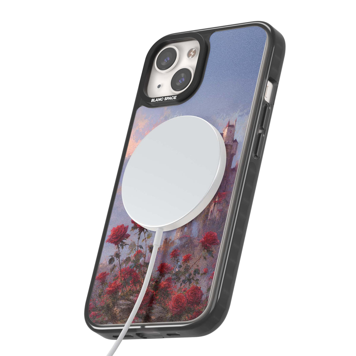 Sword in Roses medieval art iPhone case featuring a sword, red roses, and a misty fairytale castle at sunset | Black Impact Magsafe case for iPhone 13, iPhone 14, iPhone 15