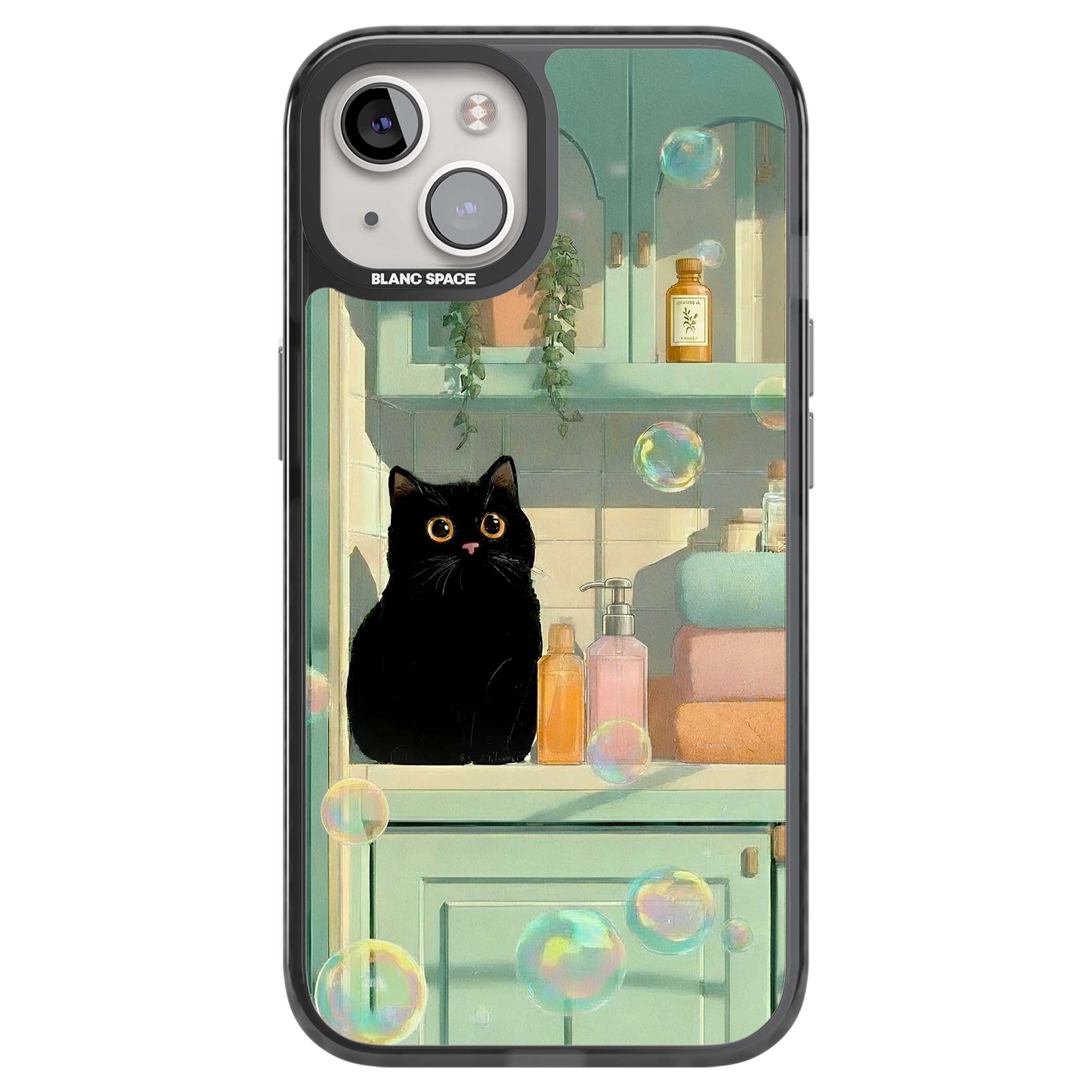 Bathroom Bubble Kitty cottagecore iPhone case featuring a black cat, mint bathroom scene and floating soap bubbles | Black Impact Magsafe case for iPhone 13, iPhone 14, iPhone 15