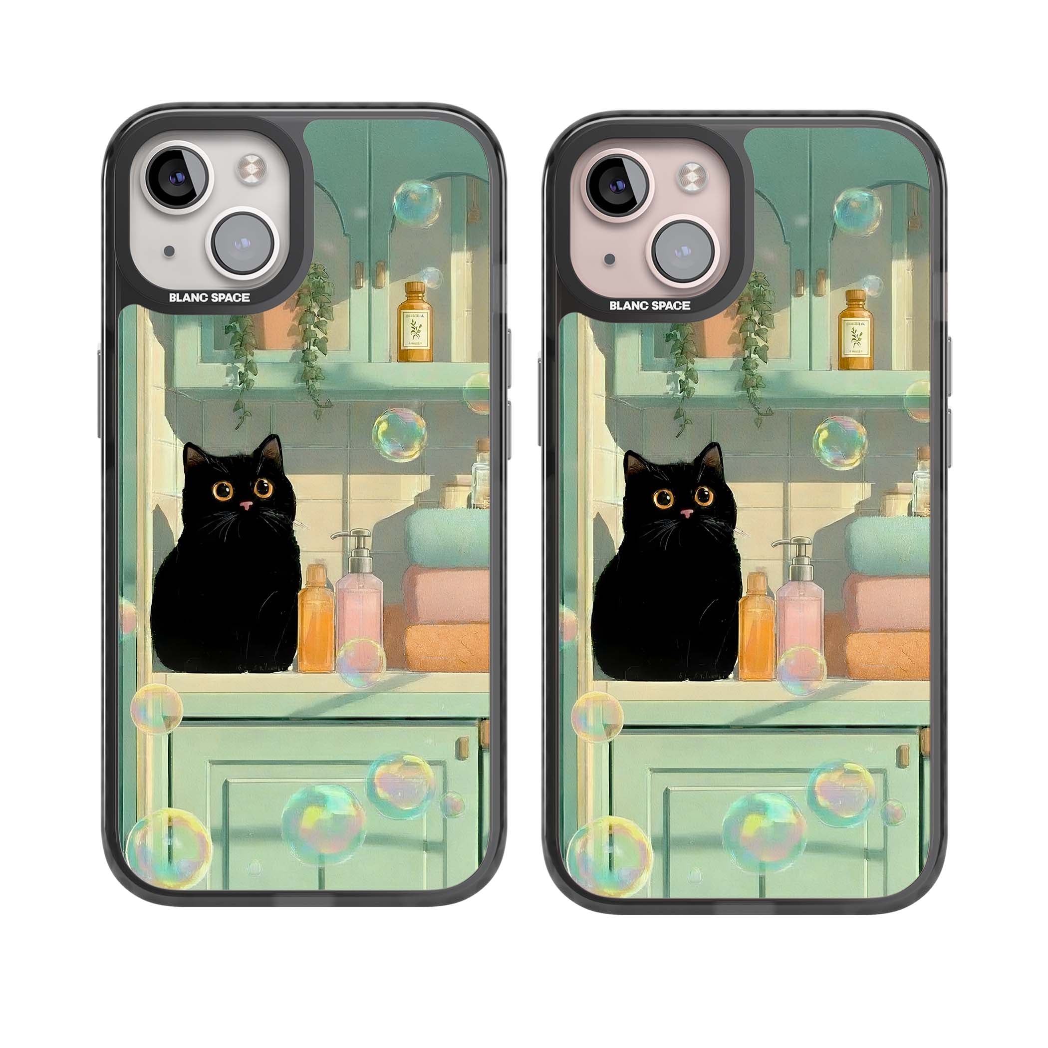 Bathroom Bubble Kitty cottagecore iPhone case featuring a black cat, mint bathroom scene and floating soap bubbles | Black Impact Magsafe case for iPhone 13, iPhone 14, iPhone 15