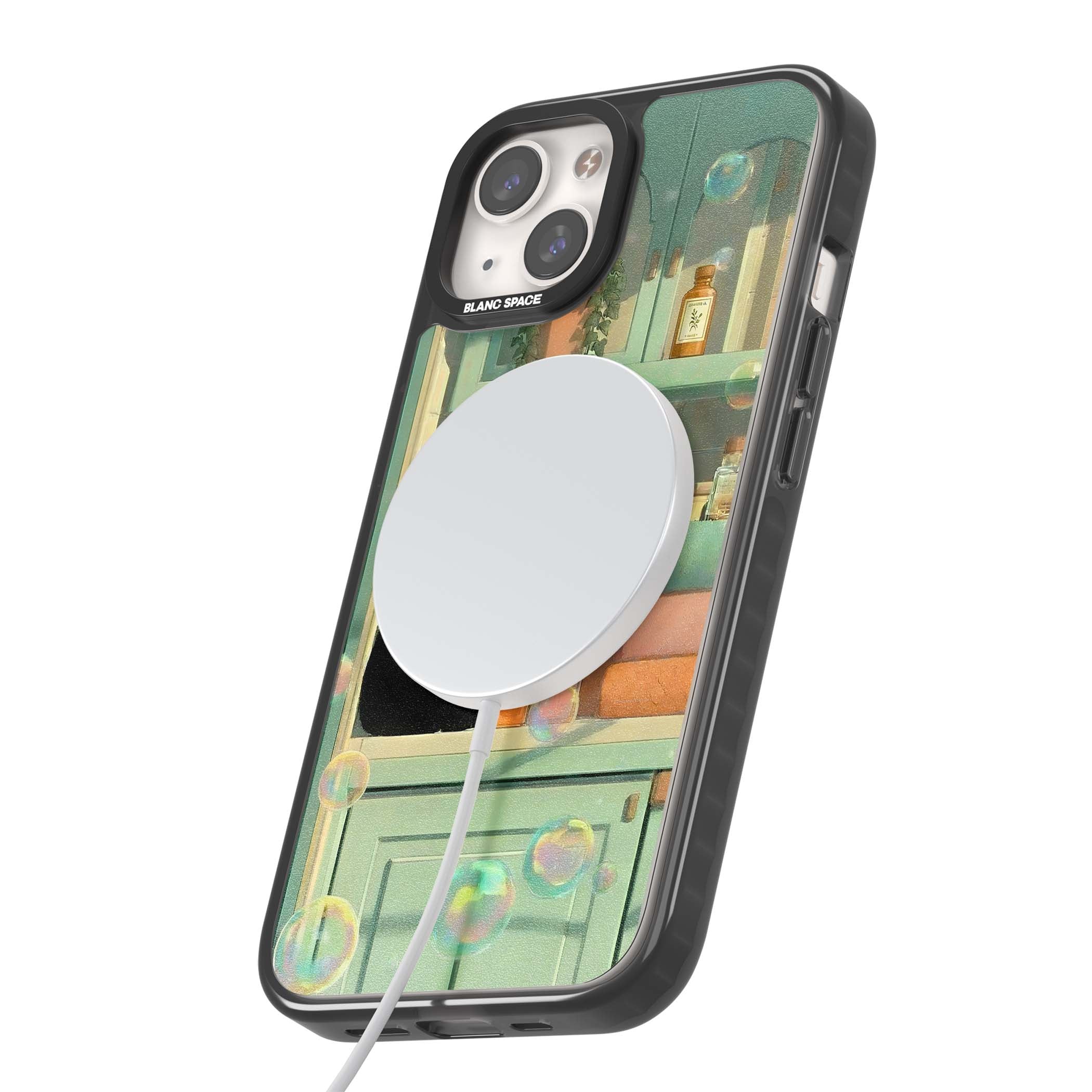 Bathroom Bubble Kitty cottagecore iPhone case featuring a black cat, mint bathroom scene and floating soap bubbles | Black Impact Magsafe case for iPhone 13, iPhone 14, iPhone 15