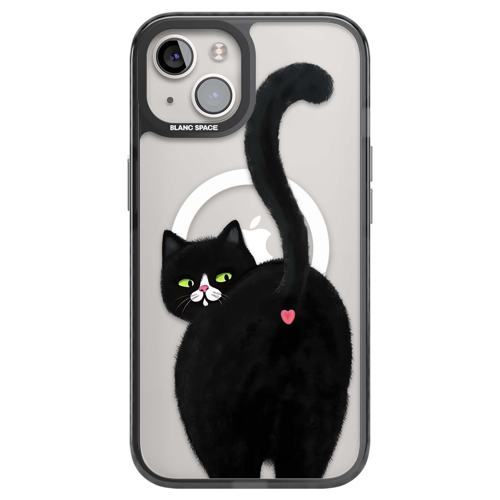 The Cat's Kiss cute cat iPhone case featuring a hand-painted tuxedo kitty with green eyes and a pink heart on a clear | Black Impact Magsafe case for iPhone 13, iPhone 14, iPhone 15
