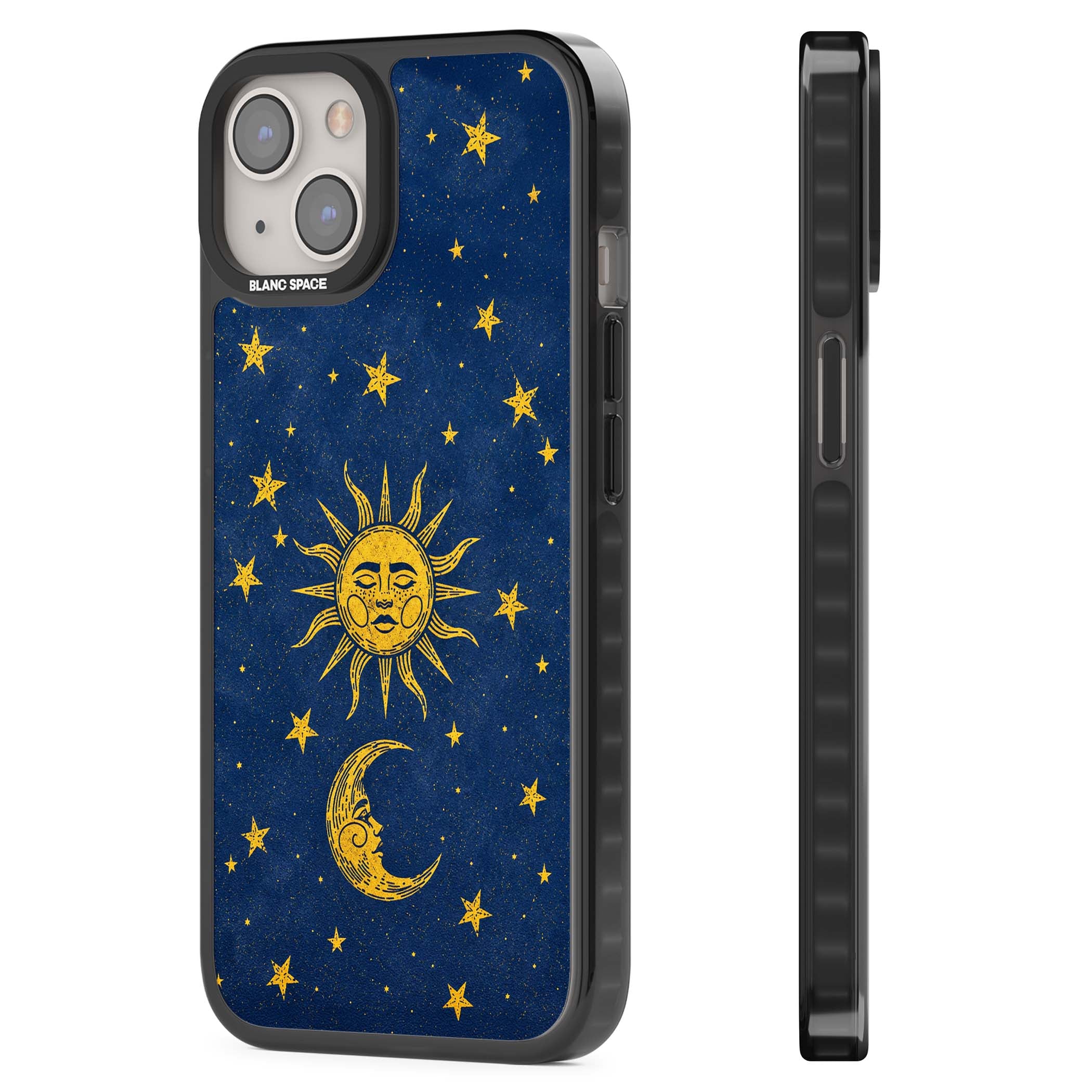 Sun & Moon Reverie celestial iPhone case featuring a vintage golden sun, crescent moon and scattered stars on midnight blue | Black Impact Magsafe case for iPhone 13, iPhone 14, iPhone 15
