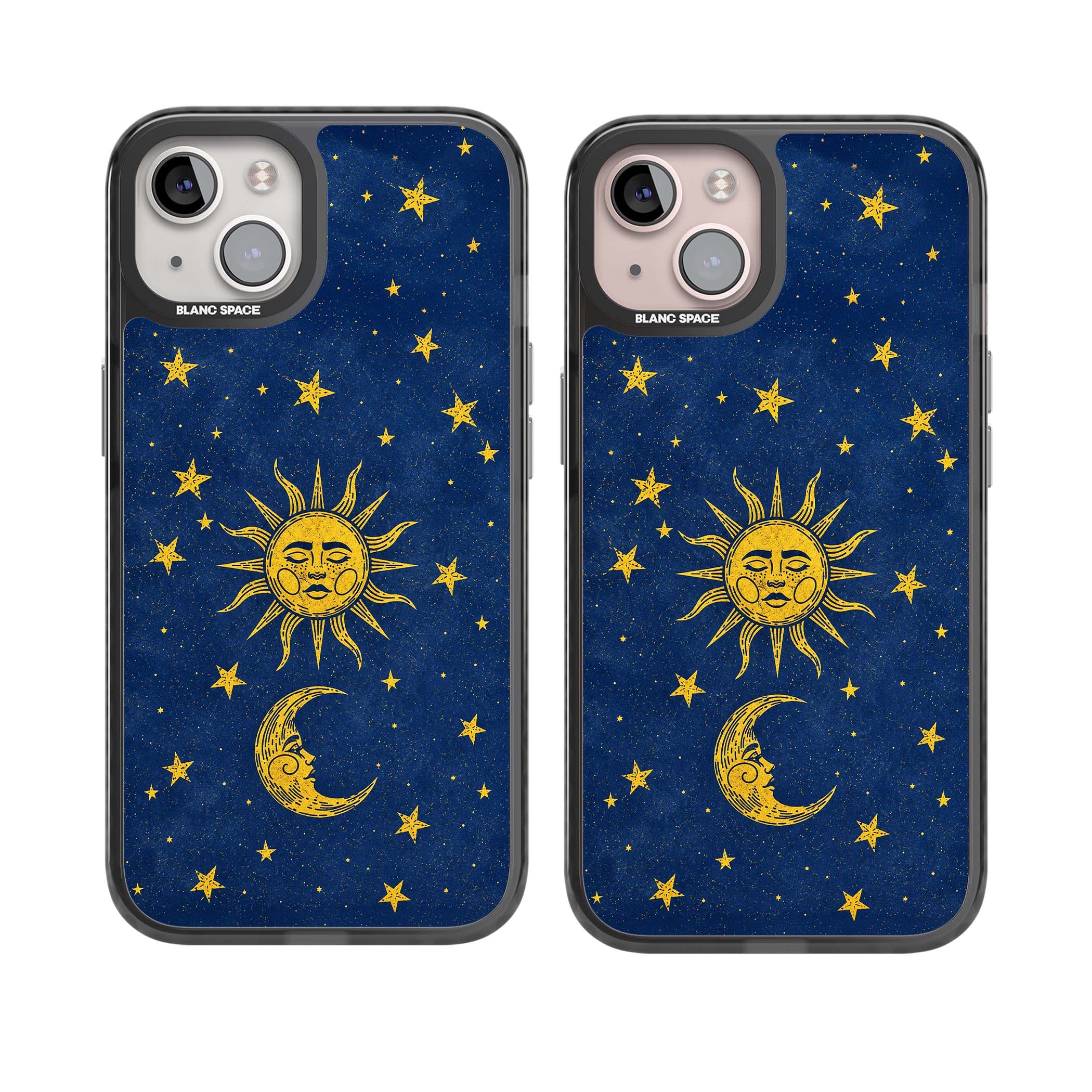 Sun & Moon Reverie celestial iPhone case featuring a vintage golden sun, crescent moon and scattered stars on midnight blue | Black Impact Magsafe case for iPhone 13, iPhone 14, iPhone 15