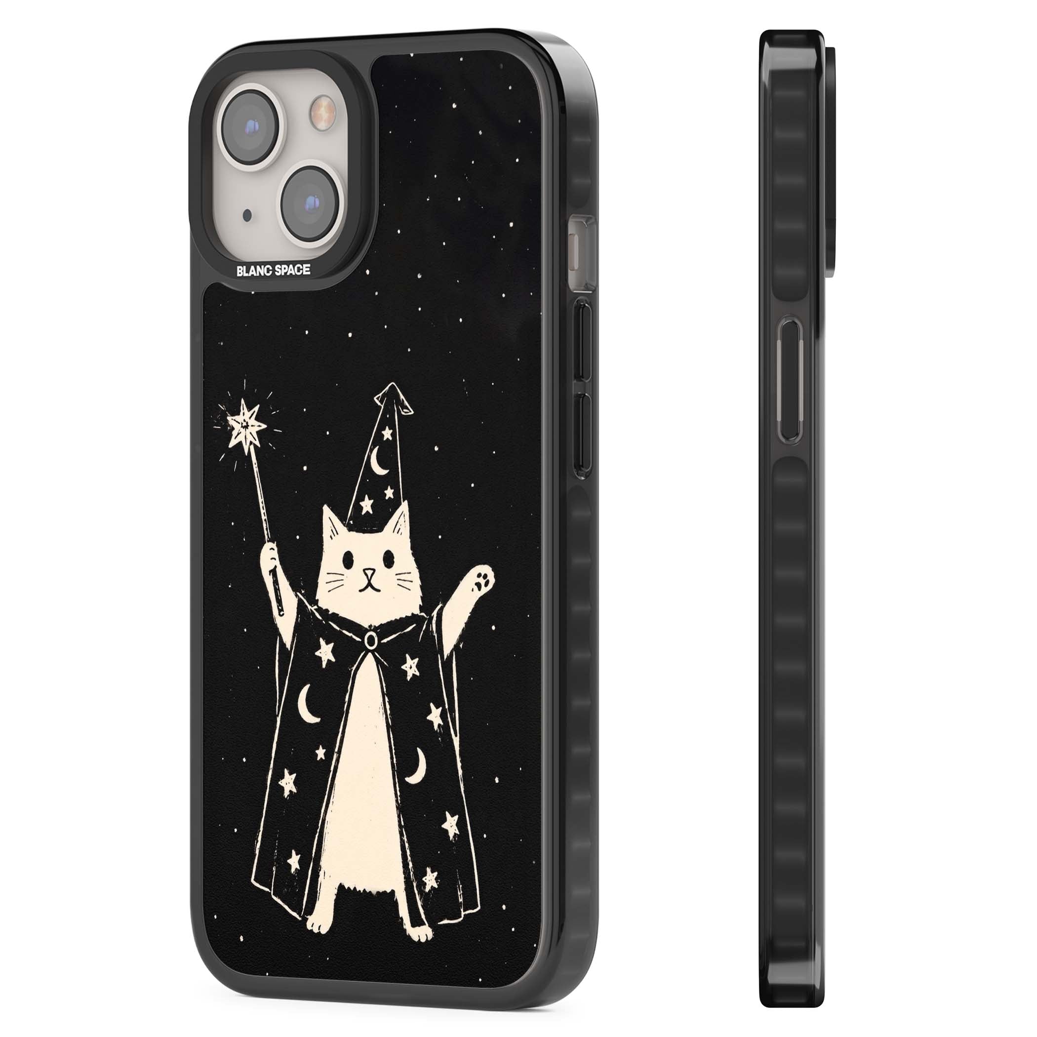 Whisker Wizard celestial cat iPhone case featuring a wizard cat with magic wand, starry night sky and crescent moons | Black Impact Magsafe case for iPhone 13, iPhone 14, iPhone 15