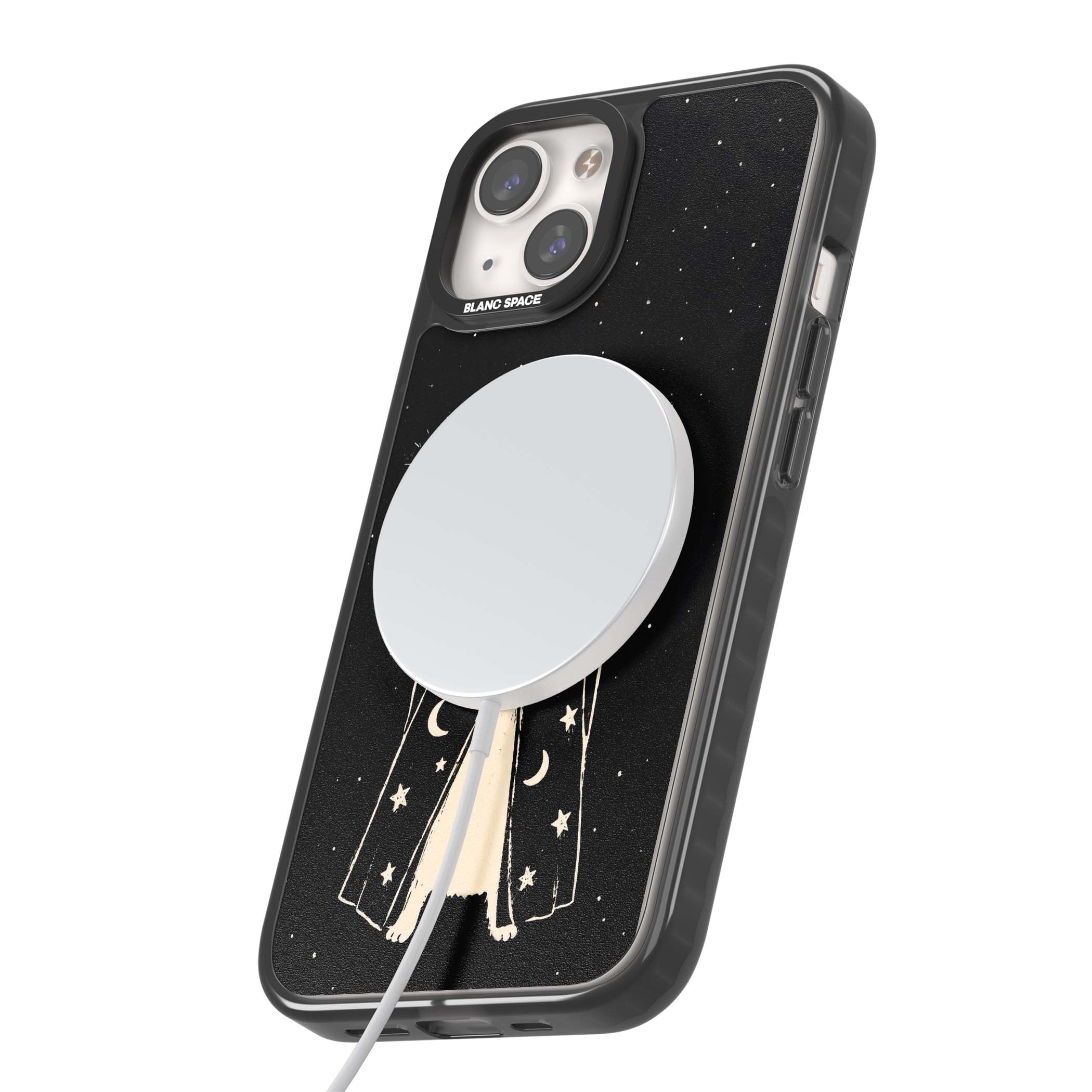 Whisker Wizard celestial cat iPhone case featuring a wizard cat with magic wand, starry night sky and crescent moons | Black Impact Magsafe case for iPhone 13, iPhone 14, iPhone 15