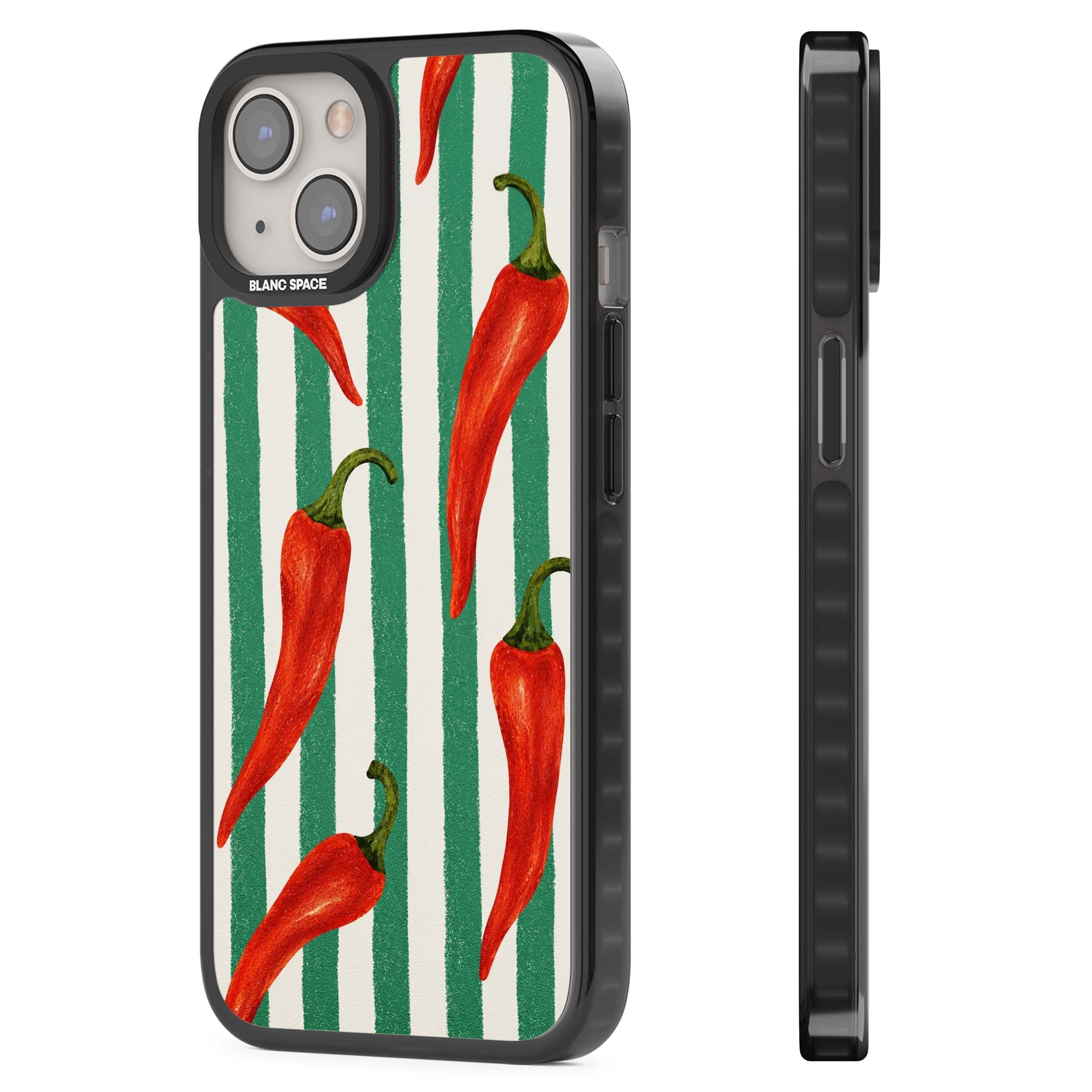 Striped Chillis coastal iPhone case featuring hand-painted red chili peppers on green and cream stripes | Black Impact Magsafe case for iPhone 13, iPhone 14, iPhone 15