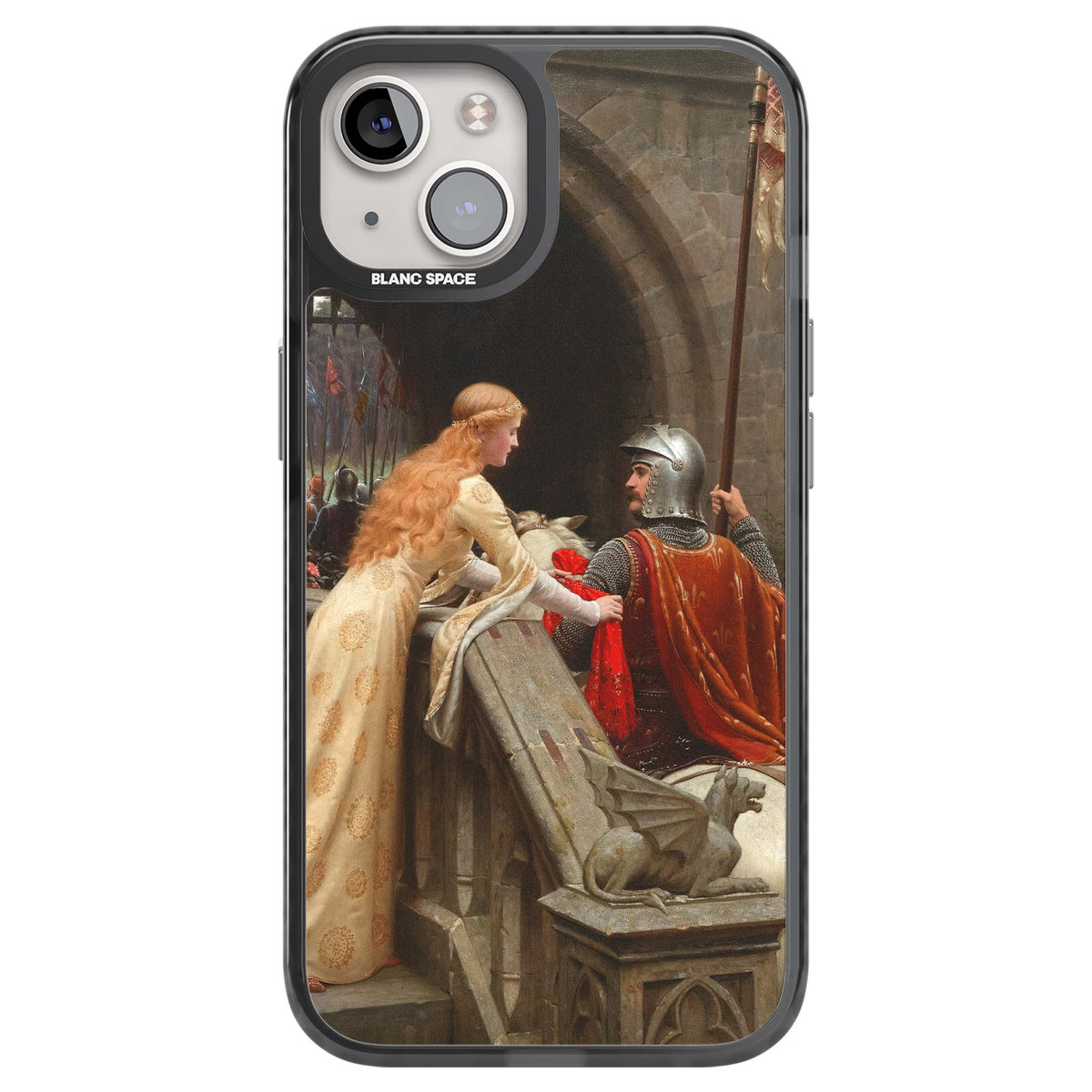 God Speed fine art iPhone case featuring Edmund Blair Leighton's medieval knight and lady beneath a stone archway | Black Impact Magsafe case for iPhone 13, iPhone 14, iPhone 15