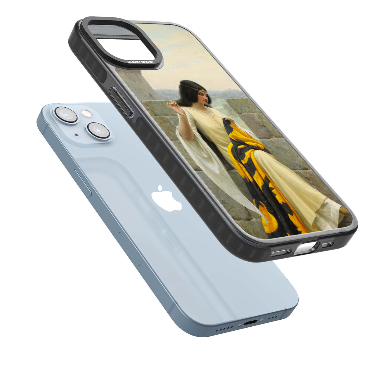 Stitching the Standard renaissance art iPhone case featuring a medieval lady sewing a golden banner on a castle wall | Black Impact Magsafe case for iPhone 13, iPhone 14, iPhone 15