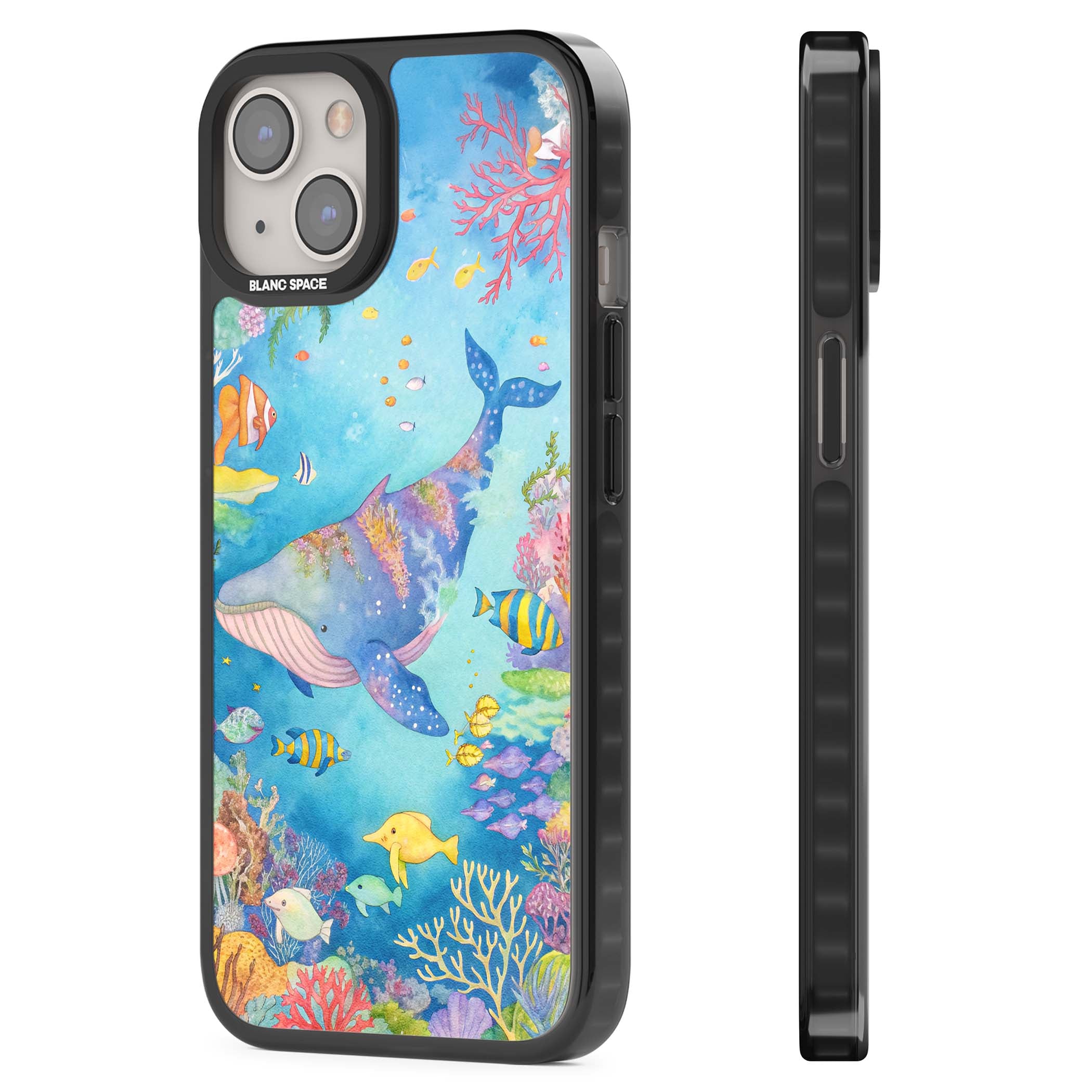 Coral Lagoon ocean iPhone case featuring a watercolour whale, coral reef and tropical fish | Black Impact Magsafe case for iPhone 13, iPhone 14, iPhone 15