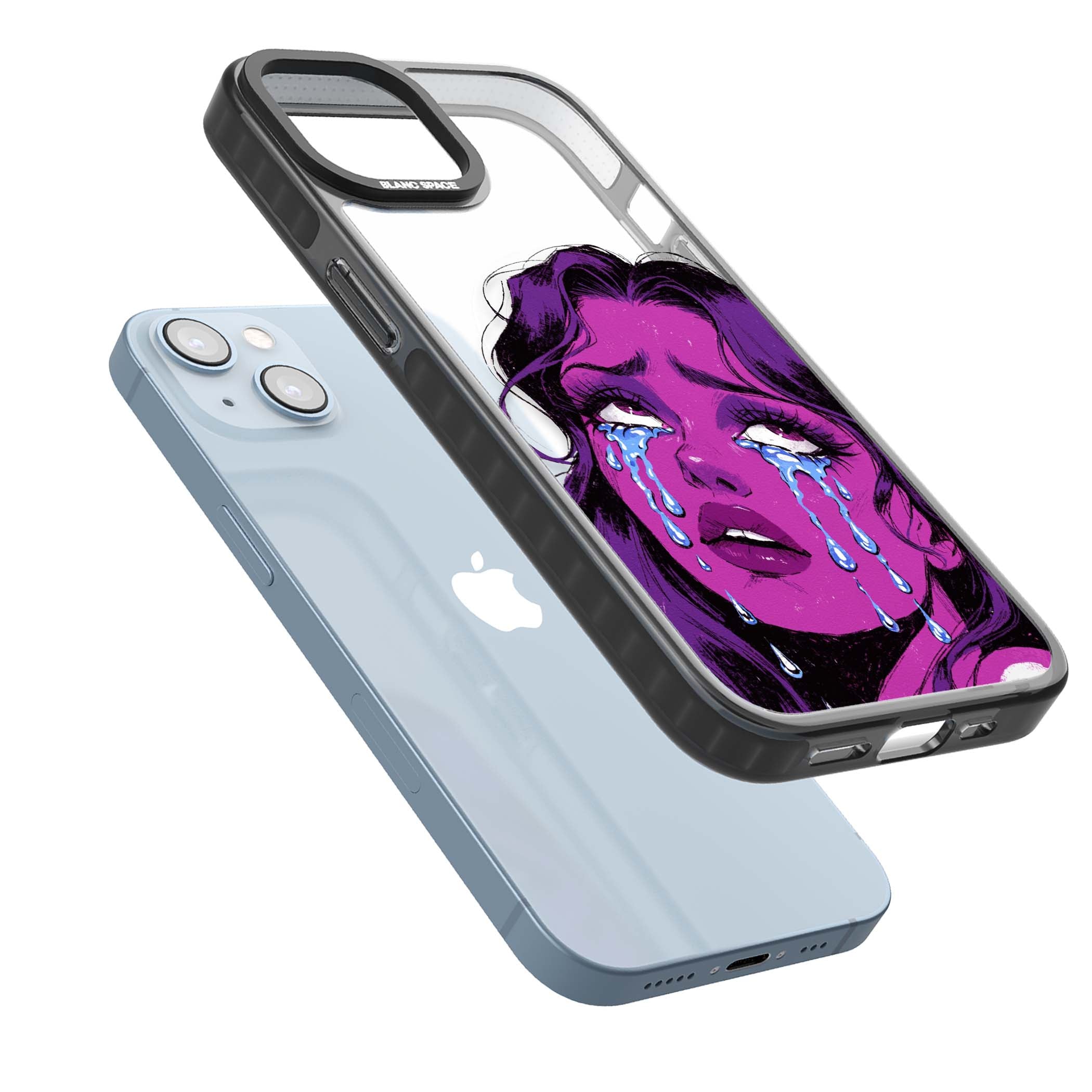 Drama Queen pop art iPhone case featuring a purple crying comic girl with blue tears | Black Impact Magsafe case for iPhone 13, iPhone 14, iPhone 15
