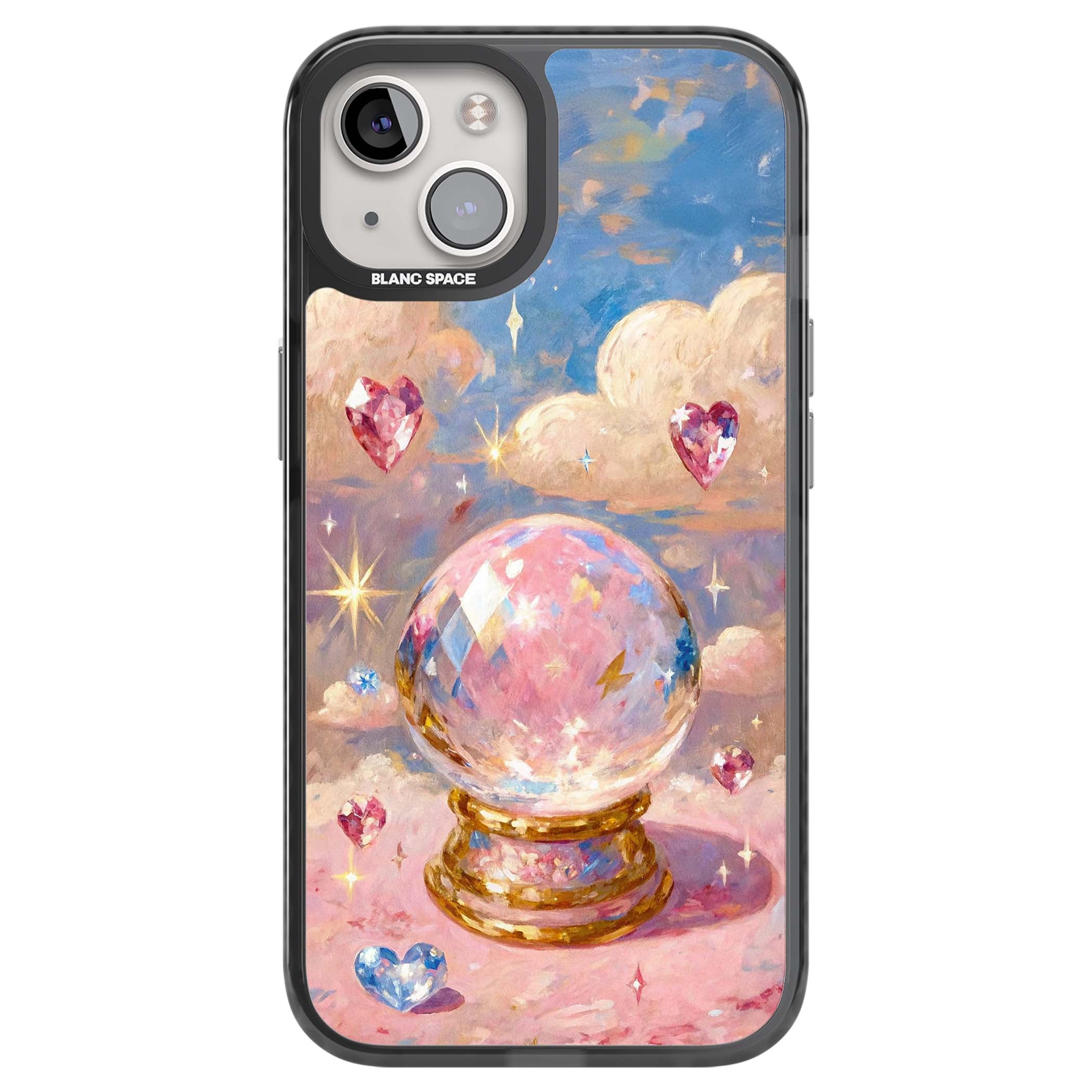 Crystal Ball fairycore iPhone case featuring a painted crystal ball, heart gemstones, and pastel clouds | Black Impact Magsafe case for iPhone 13, iPhone 14, iPhone 15