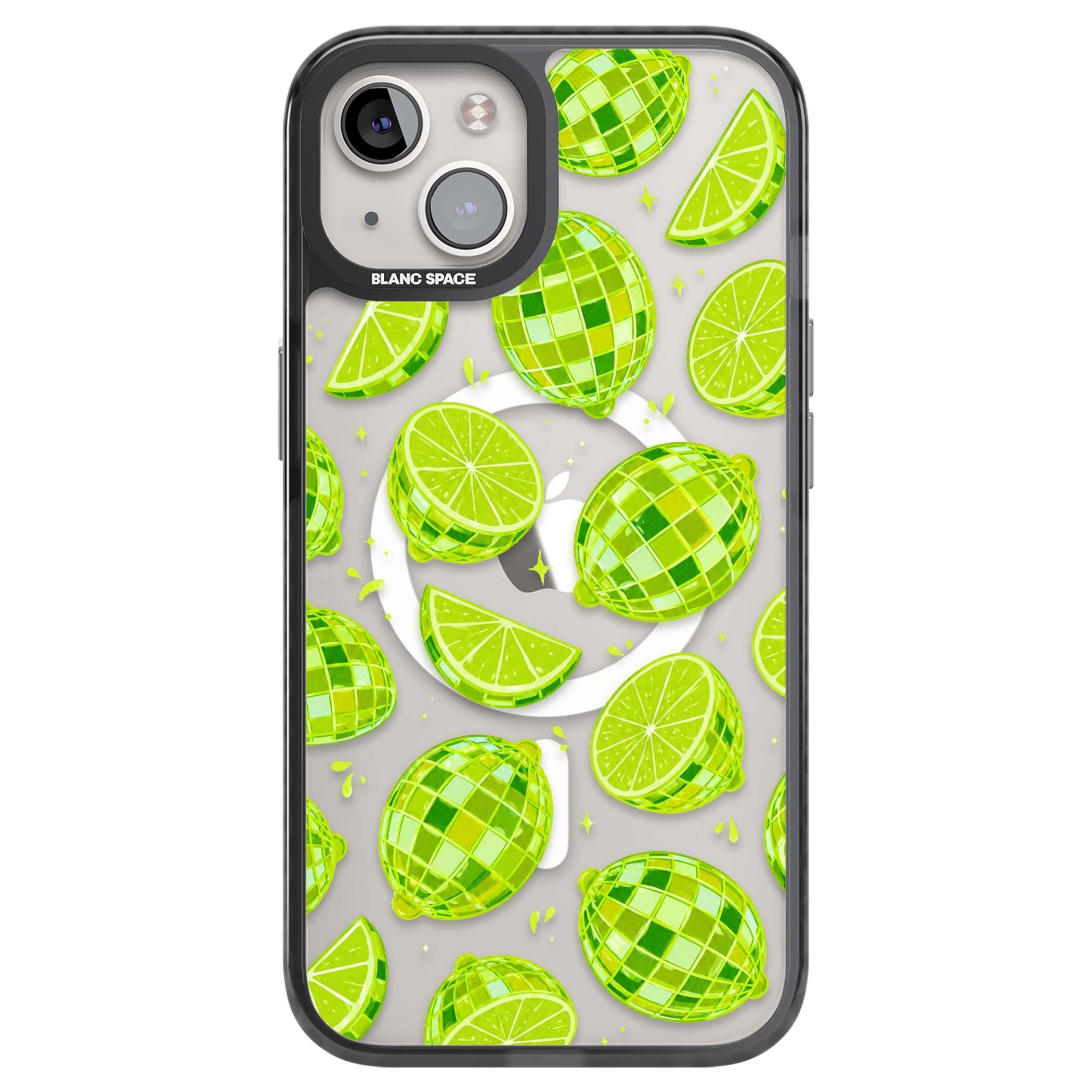 Disco Limes fruit aesthetic iPhone case featuring green disco balls, lime slices and citrus sparkles | Black Impact Magsafe case for iPhone 13, iPhone 14, iPhone 15