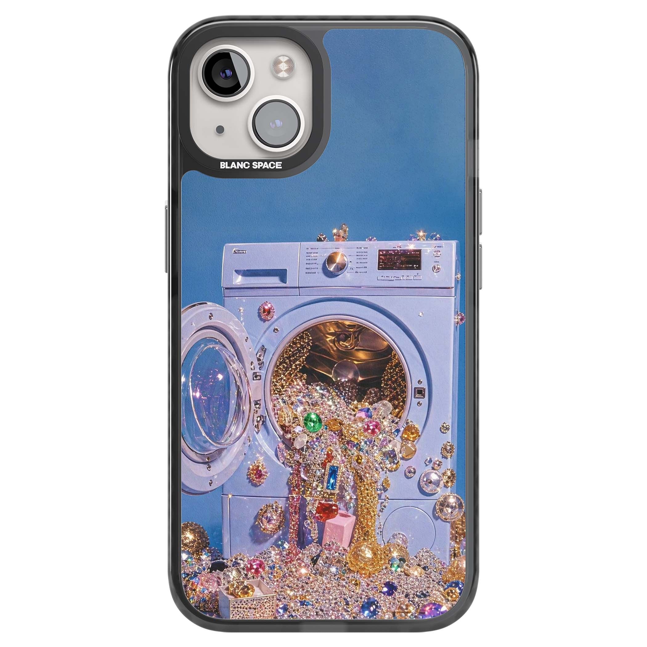Gem Laundry baddie iPhone case featuring a surreal washing machine overflowing with colourful gemstones and crystals | Black Impact Magsafe case for iPhone 13, iPhone 14, iPhone 15